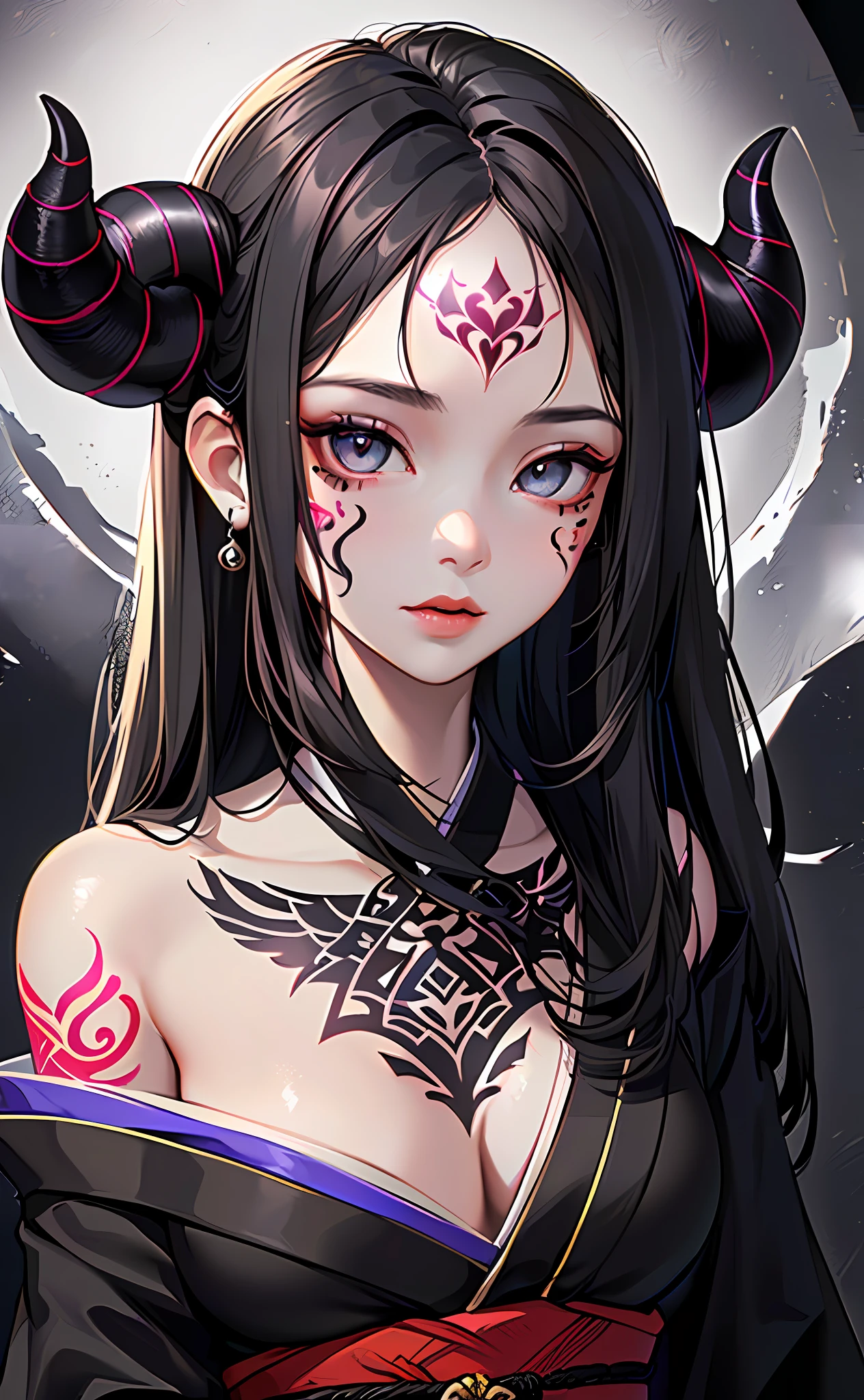 (Photorealsitic:1.3), masterpiece, top-quality, (intricate detailes:1.2), (landscapes:1.3), beautiful countenance, (Black theme:1.3),
(((1girl in、Girl in patterned kimono、(Take a look at Veiwer:1.3)、(face tattoos:1.2)、Little Demon Horns、
)))、Split in half、Detailed pupils、Drawn eyes、
