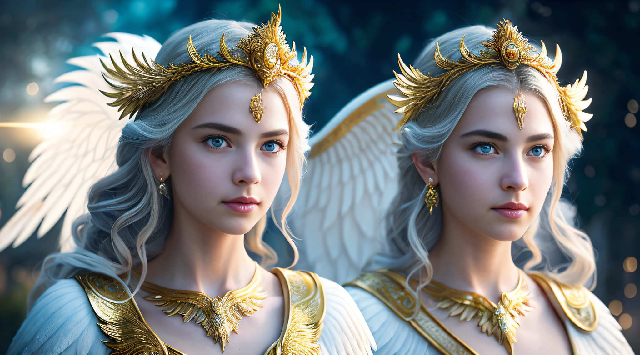 Just an Angel in Greek goddess robes, perfect body, covered body, angelic face, asymmetrical wings with long white feathers, "zodiac" style, detailed golden armor, white hair and eyebrows, mythological image, epic film style, universe background image, imposing pose, queen of heaven style, atlantean technology, very defined, 8k, front pose, beautiful, dramatic light, celestial glow, fantasy, photorealistic, photorealism, film, studio lighting, detailed skin, ultra realistic, bokeh, sharp features, large round reflective blue eyes, Pixar rendering, cinematic smooth unreal engine, intricate details, oil painting, heavy brush strokes, muted colors, watercolor style