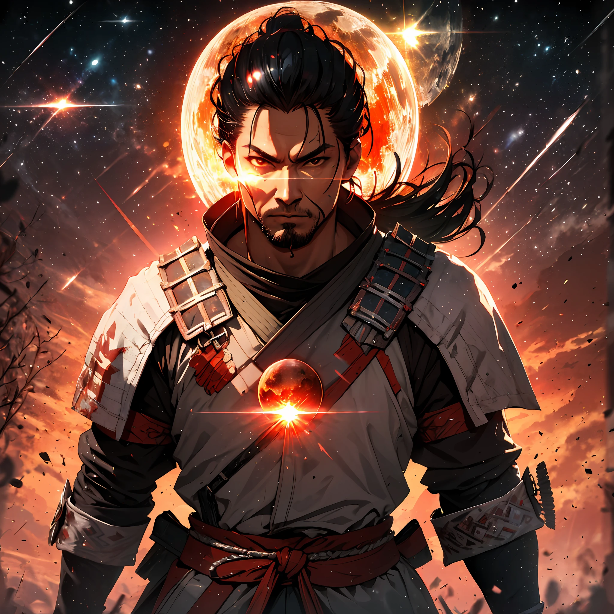 (absurdres, highres, ultra detailed),(Masterpiece, best quality:1.2),1man, samurai warrior,an arrow through the chest,red sun in the background, wallpaper