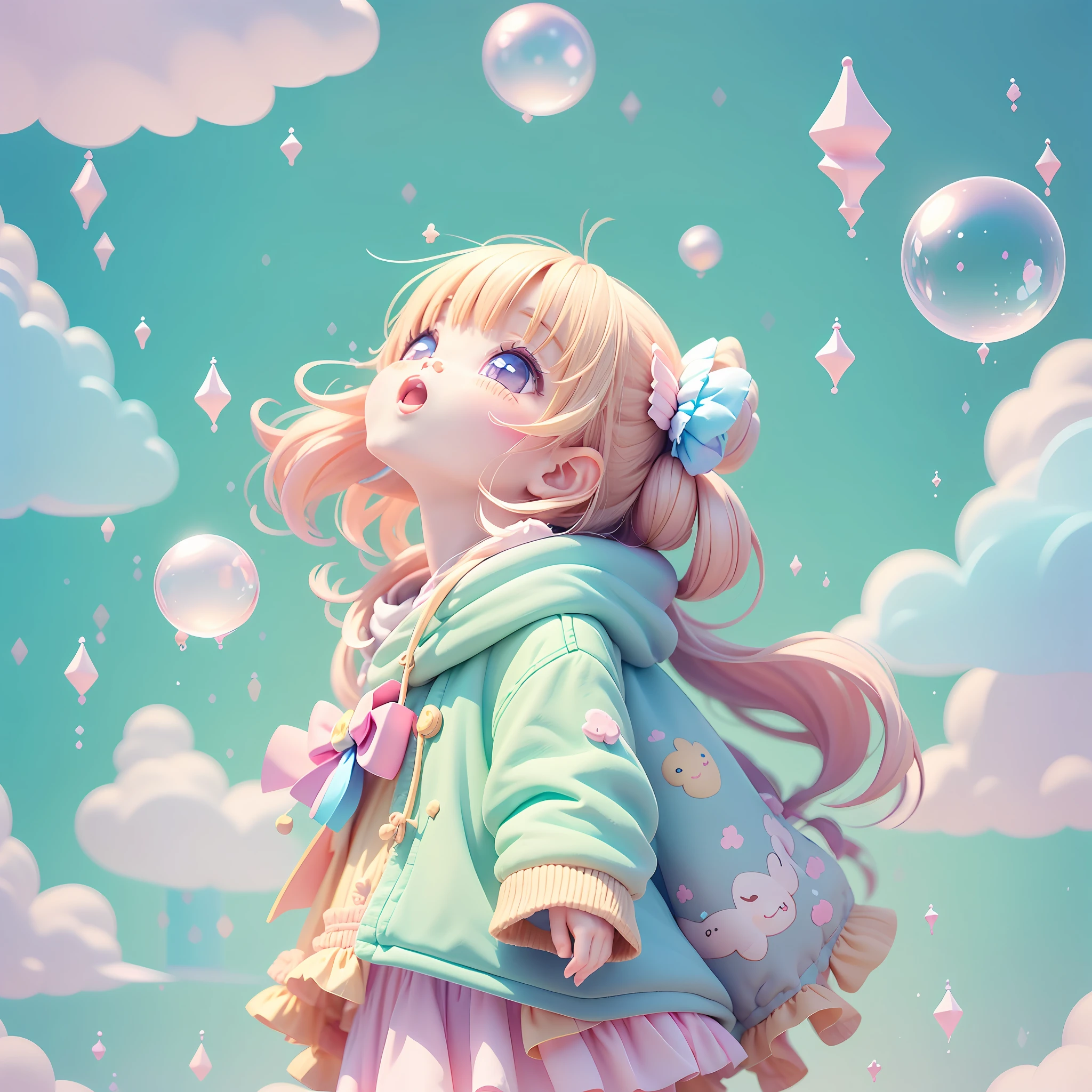 chibi looking up, leaning, bubbles around, kawaiitech, kawaii, cute, pastel colors, best quality, happy, long sleeves