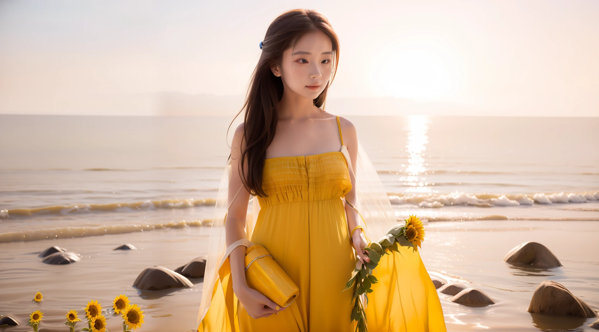 There was a woman standing on the beach,Holding a bottle of sunflowers in his hand。, full body potrait holding bottle, queen of the sea mu yanling, photoshoot for skincare brand, inspired by Tang Di, Wearing wheat yellow gauze, shot on nikon z9, Inspired by Huang Ji, lady using yellow dress, with yellow cloths, Korean woman, drink