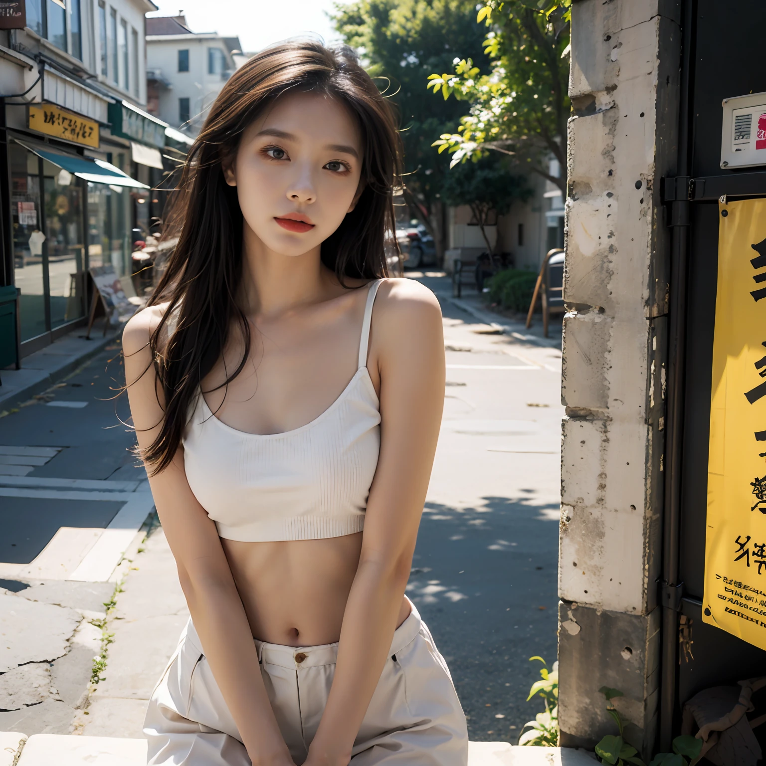 best qualtiy,tmasterpiece,超高分辨率,(realisticlying:1.4),RAW photogr,(Evening street),(1个Giant Breast Girl),黑The eye,long whitr hair,Light makeup,cparted lips,tiny ears,whitet-shirt,(Beautiful Women with Perfect Figure:1.4), ( Huge breasts:1.6), Pure desire,Perfect waistline,(exteriors,beachside:1.1),the city street,Ultra-fine face,Fine eyes,二重まぶた ,long leges, Solo,The eyes are melancholy,fully body photo,Cowboy shot, in a panoramic view,