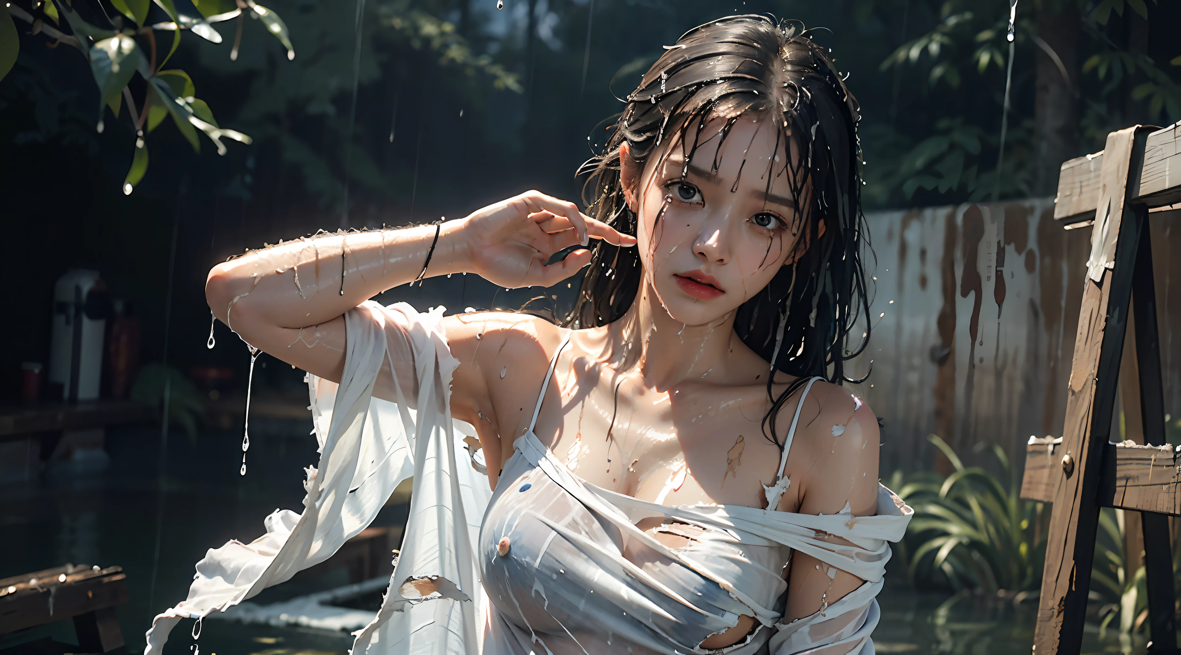 Best picture quality, masterpiece, ultra high resolution, (fidelity :1.4), photo, 1 girl,[(sadness)],white shirt, Dim, dark, desperate, pitying, pitiful, cinematic,tear,teardrop,(Torn clothes:1.5), (Wet clothes:1.4), bare shoulders,Real rain,wet hair,..