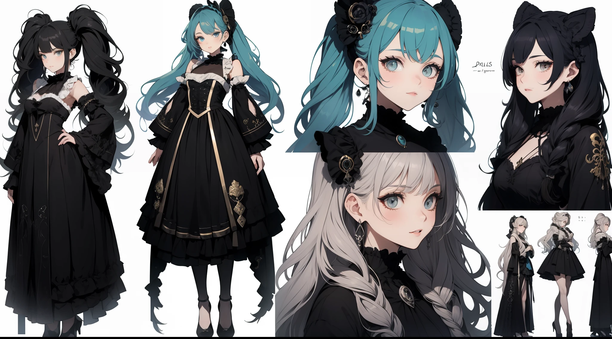 Three-view of roles，character  design，Character design，Three View，full bodyesbian，frontage，Lateral face，on  back，Set，ta prostitute，Very gorgeous，Maximalism，extreme hight detail，RococoStyle，Super long hair，Complex accessories，Complex hairstyles，Jewelled