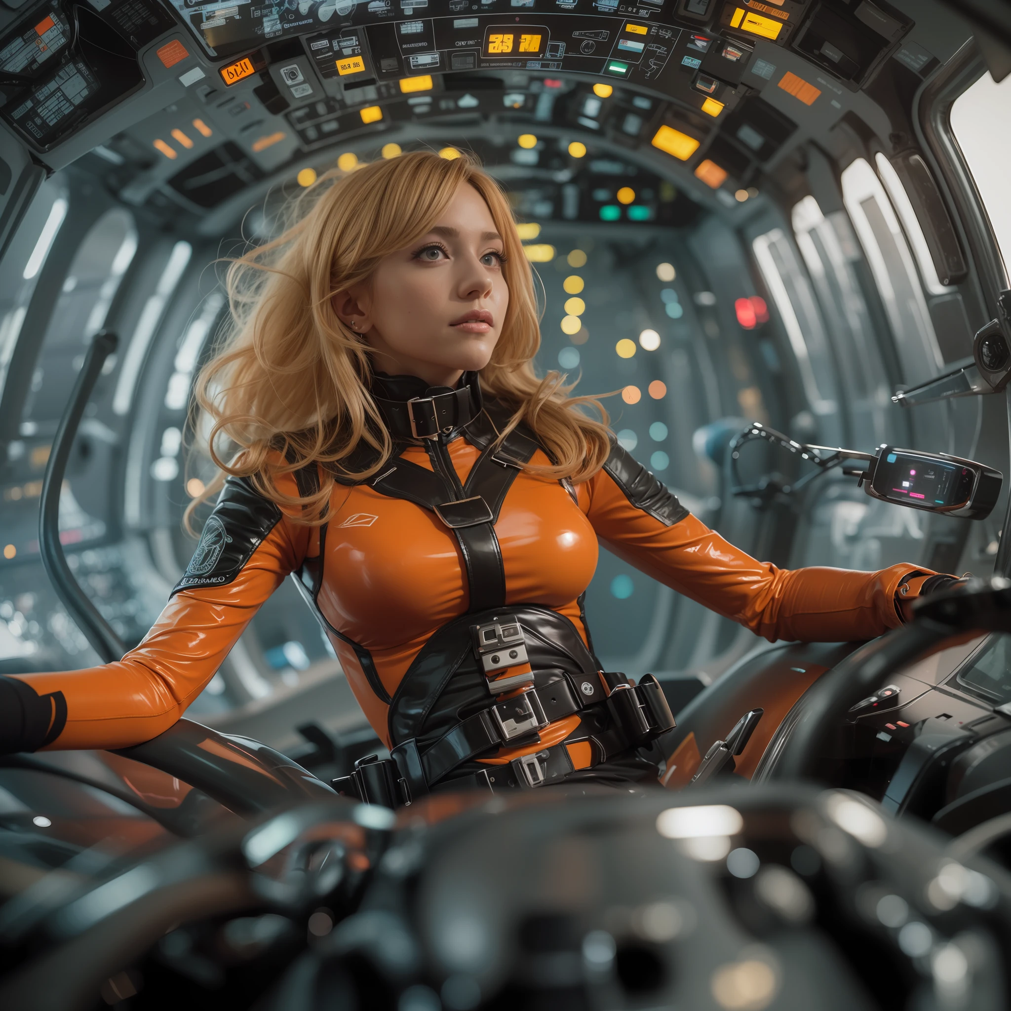 Full - body action photo, in a screengrab from the Barbarella movie is a turret gunner, Brittany Murphy, with beautiful detailed face ,break ,And gorgeous figure, is posing in a turtleneck catsuit made of colorful latex and wet black rubber, with futuristic body harness,break,From latex straps and full vizored helmet, whole suit have intricate orange,break,Latex glossy circuit design, she is reclining,In armoured cockpit,, so the camera perspective is from under, cockpit designed by zaha hadid and Jim Burns, scene is beautifully color graded, allround beautiful soft reflections, she is facing the camera, its like fashion photography with cinematic lighting