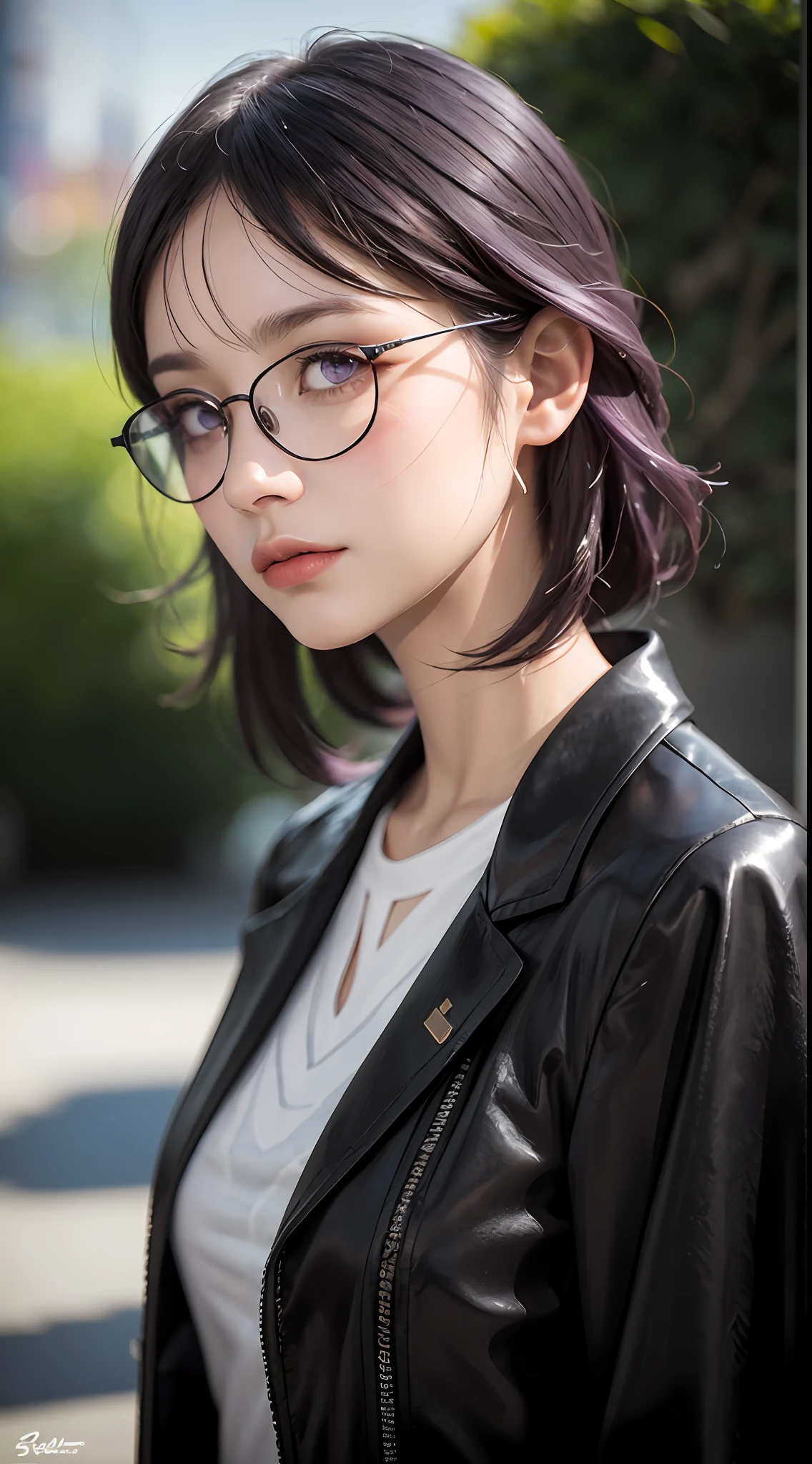 closed up to face,(photorealistic:1.4), raw photo, 1girl, purple eyes, purple hair, (eyewear on head), stellaron hunters outfit, black jacket, jacket on shoulders, shirt, shorts, pantyhose, boots,deep shadow, detailed face, detailed eyes, depth of field, bokeh, vibrant details, finely detailed, hyperrealistic, 35mm film, hazy blur,upper body,, masterpiece,ultra realistic,32k,extremely detailed CG unity 8k wallpaper, best quality