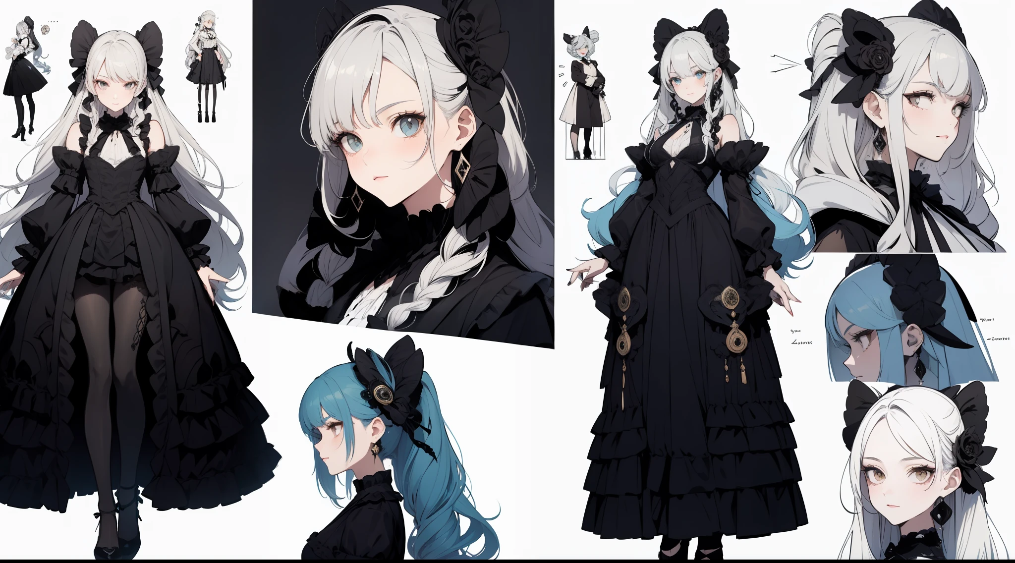 Three-view of roles,character design,Character design,Three View,full bodyesbian,frontage,Lateral face,on back,Set,Lolita prostitute,Very gorgeous,Maximalism,extreme hight detail,RococoStyle,Super long hair,Complex accessories,Complex hairstyles,Jewelled