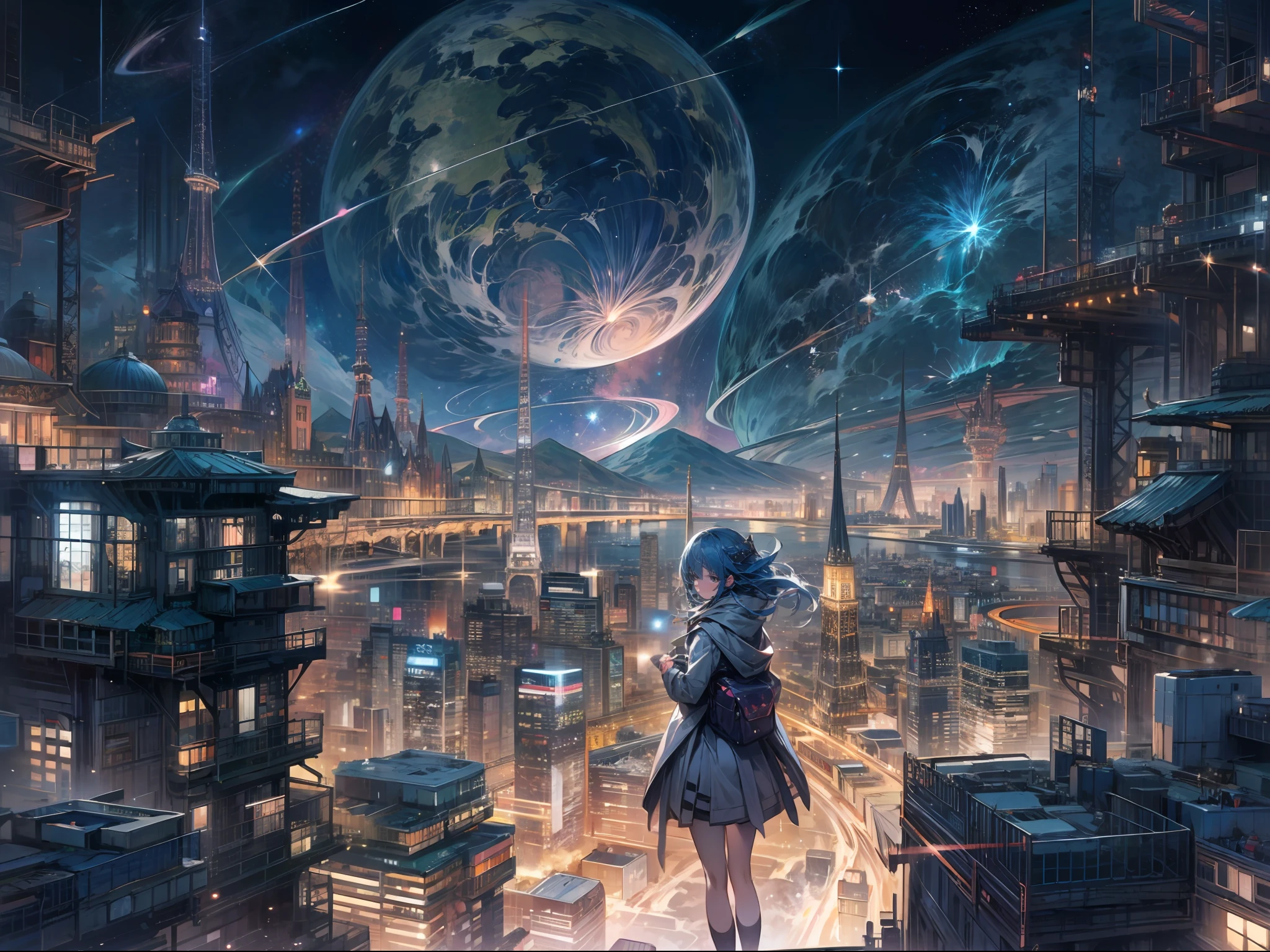 Fantastic cityscape, Beautiful girl standing、Universe in the Night Sky