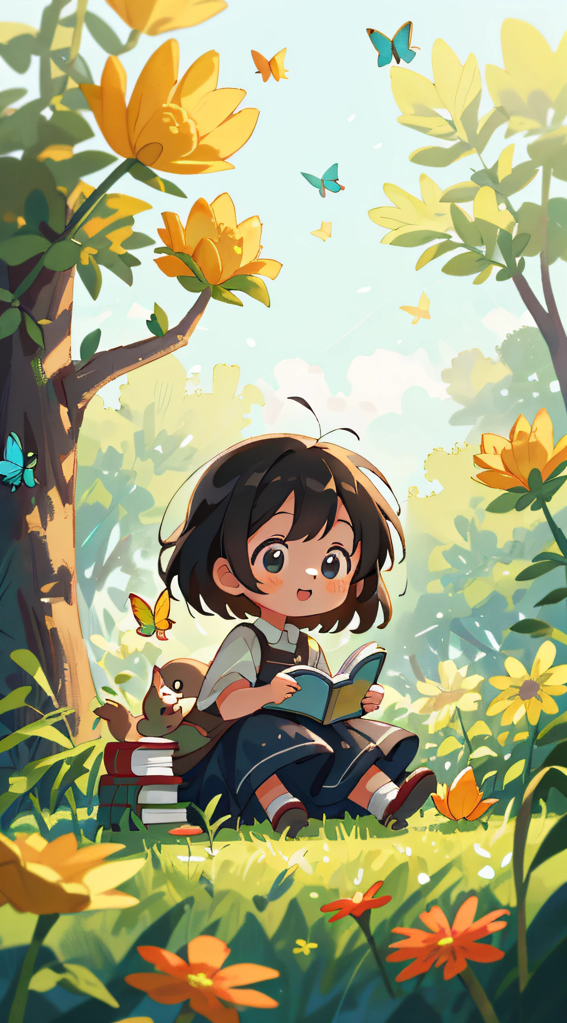 High Detail, Ultra Detail, 8K, Ultra High Resolution A cute and innocent girl, toddlerenjoying her time in the open field, surrounded by the beauty of nature, warm sun sprinkling on her, wildflowers gently swaying in the breeze. Butterflies and birds flutter around her, adding to the playful atmosphere, surrounded by books