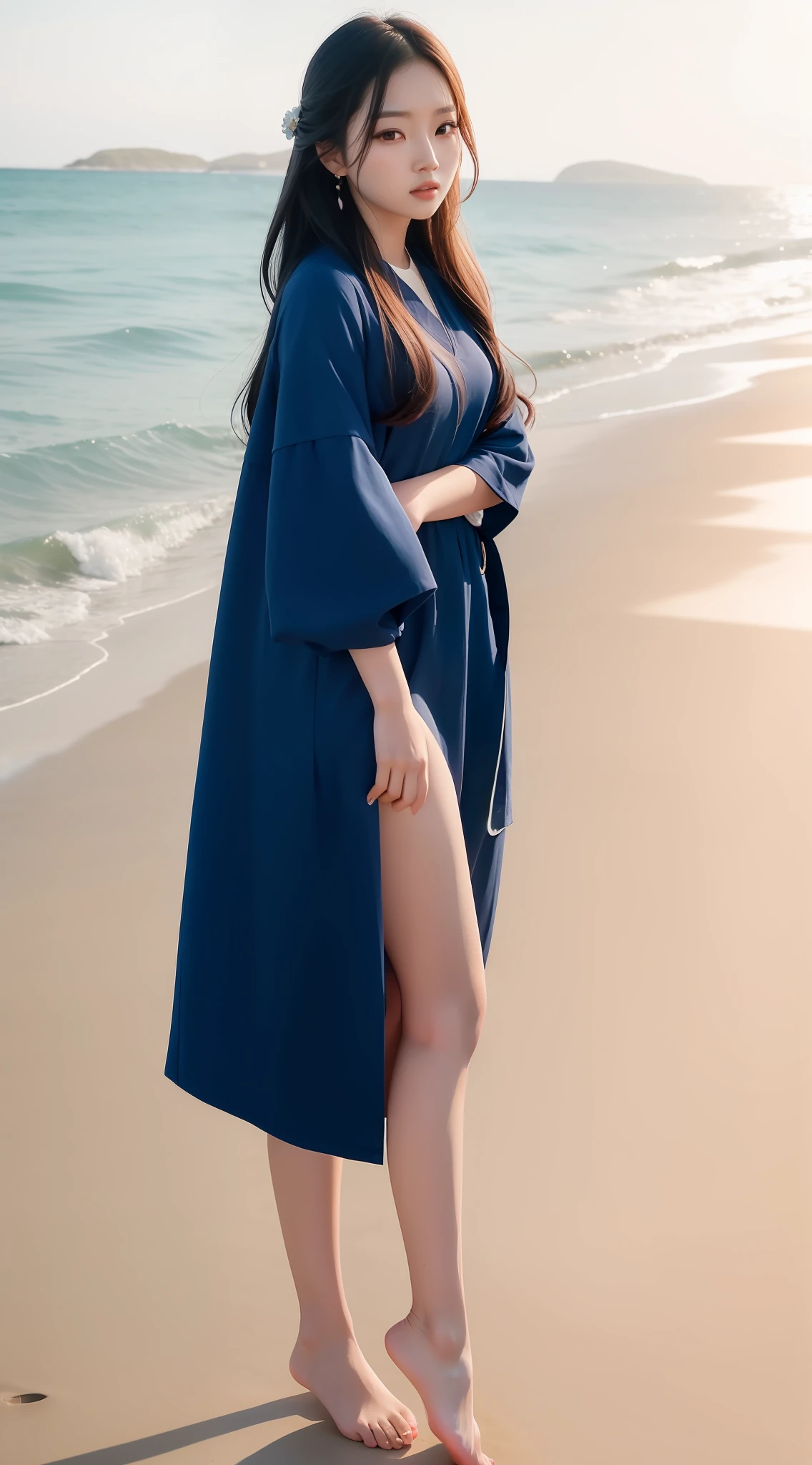 Woman standing on the beach looking out at the sea, A young Asian woman, queen of the sea mu yanling, Beautiful young Korean woman, Korean woman, beautiful Korean women, portrait of female korean idol, Young Asian woman, cover photo portrait of du juan, looking away from camera, Soft portrait shot 8 K, krystal, An Asian woman