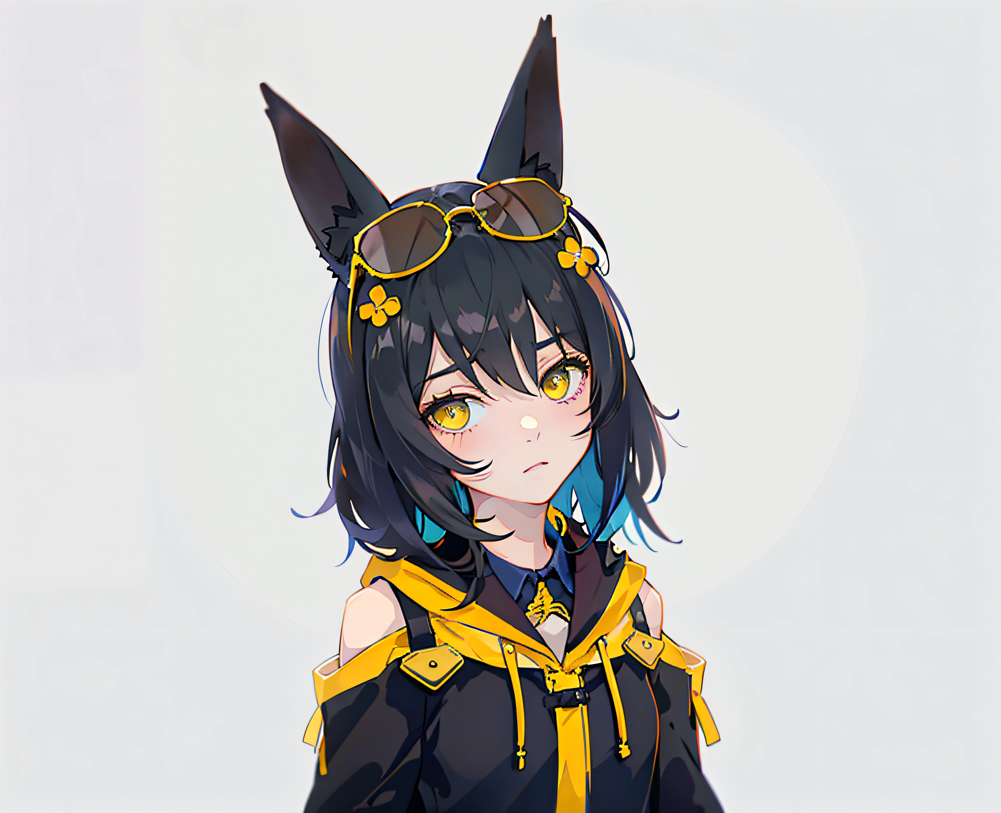 Anime girl with black hair and yellow eyes，Dressed in black and yellow, Anime moe art style, Anime style. 8K, anime girl with cat ears, vrchat, anime style character, render of a cute 3d anime girl, anime styled 3d, Stylized anime, Anime Stylization, cute anime catgirl, made with anime painter studio, Anime art style，Sunglasses in hair，A helpless expression