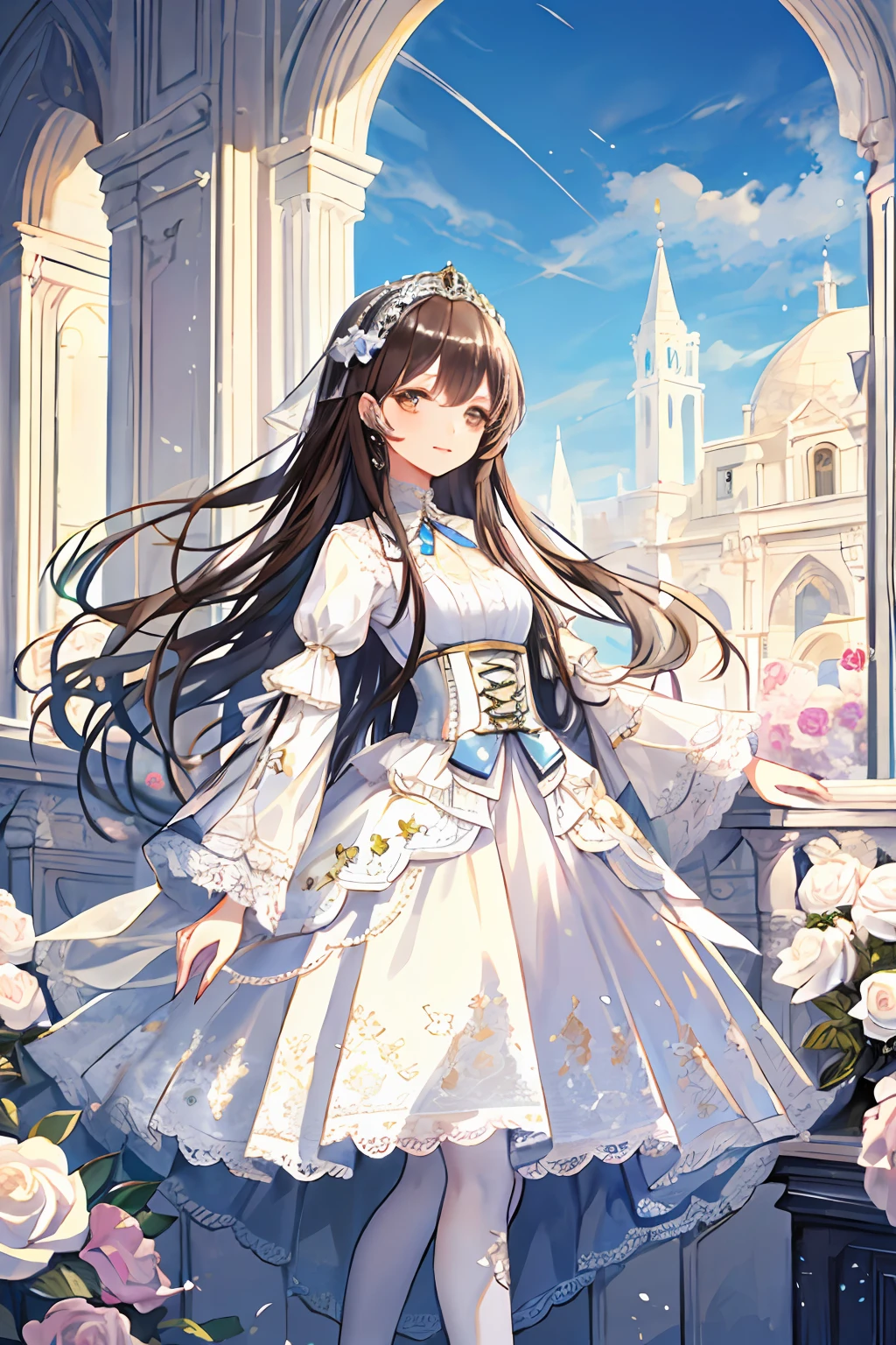 ((masterpiece)),((best quality)),(ultra-detailed),(illustration),((an extremely delicate and beautiful)),(dynamic angle),
1girl, flowers, spring, beside window, rose, very long hair, detailed face, long eyelashes, flower in eye, frilled sleeves, corset, tiara, princess,
brown eyes, clear sky, daylight, sunny, white and light blue dress, flowers, hair ornament, white lace-trimmed legwear, (lo classical:1.4), bride, classical dress,