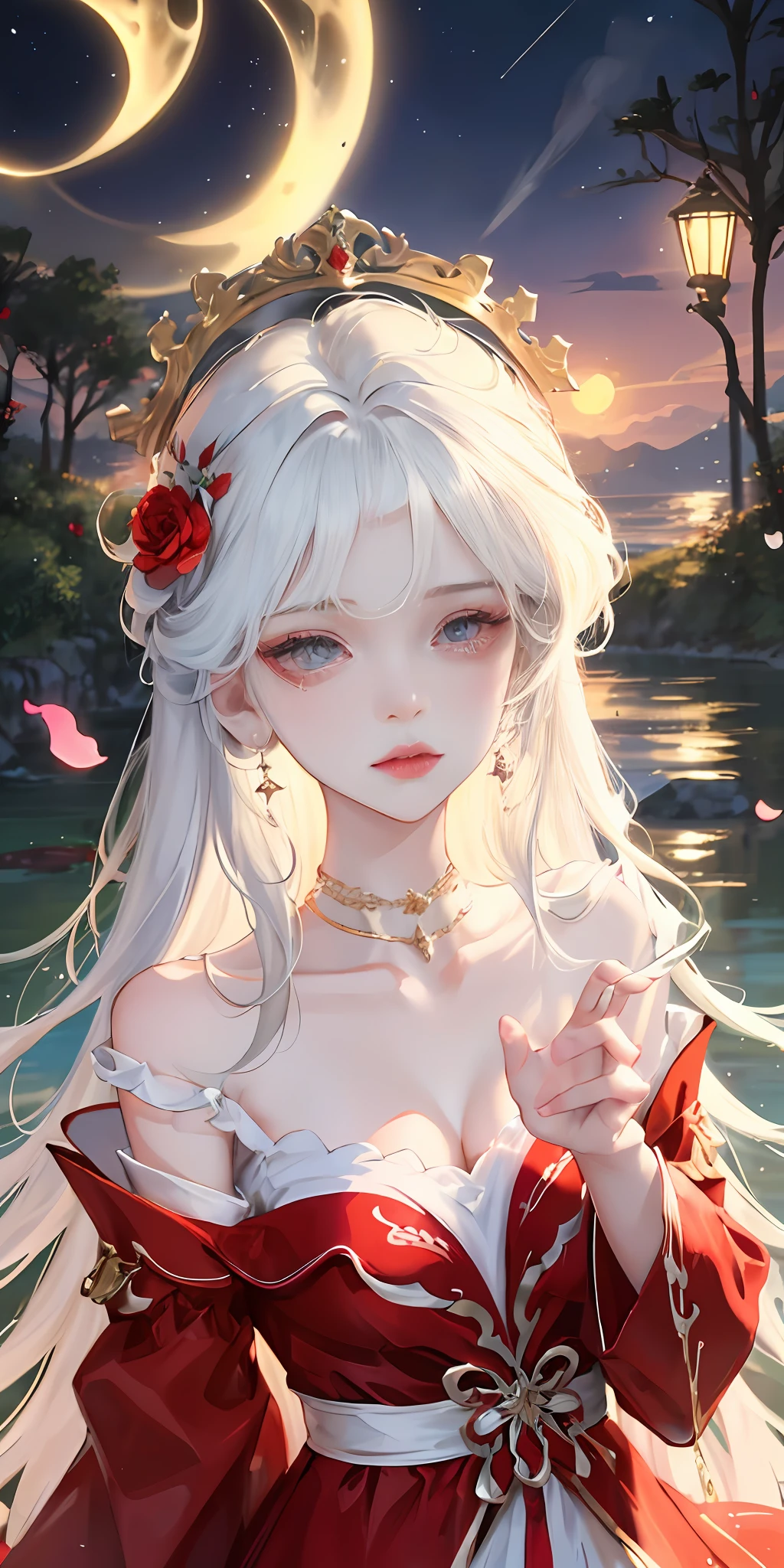 Close-up, looking at the camera, beautiful girl, garlic, flower, (beautiful girl), delicate facial features, detailed portrayal of the corners of the eyes, bust photo, moist lips, sad eyes, long white hair, smooth and delicate skin, ((red clothes)), red long skirt, bare thighs, brilliant and colorful, fantasy art, mysticism, dream scene, dream, dream light, seduction, psychedelic, misty halo, (((night))), ((night)), river bank, full of flowers on the other side, dreamy, flying red tiny petals, Red fluorescent petals, fluorescent flowers, fluorescent flowing water, standing in water, shallow water, master works, extreme detail, dissection correctly, correct limbs, accurate, hud, HD, exquisite details, 8K, red light