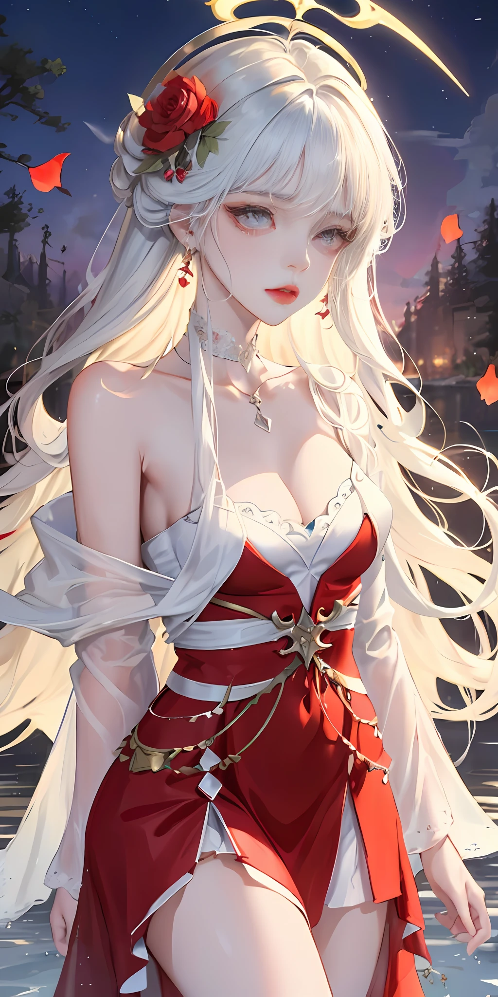 Close-up, looking at the camera, beautiful girl, garlic, flower, (beautiful girl), delicate facial features, detailed portrayal of the corners of the eyes, bust photo, moist lips, sad eyes, long white hair, smooth and delicate skin, ((red clothes)), red long skirt, bare thighs, brilliant and colorful, fantasy art, mysticism, dream scene, dream, dream light, seduction, psychedelic, misty halo, (((night))), ((night)), river bank, full of flowers on the other side, dreamy, flying red tiny petals, Red fluorescent petals, fluorescent flowers, fluorescent flowing water, standing in water, shallow water, master works, extreme detail, dissection correctly, correct limbs, accurate, hud, HD, exquisite details, 8K, red light