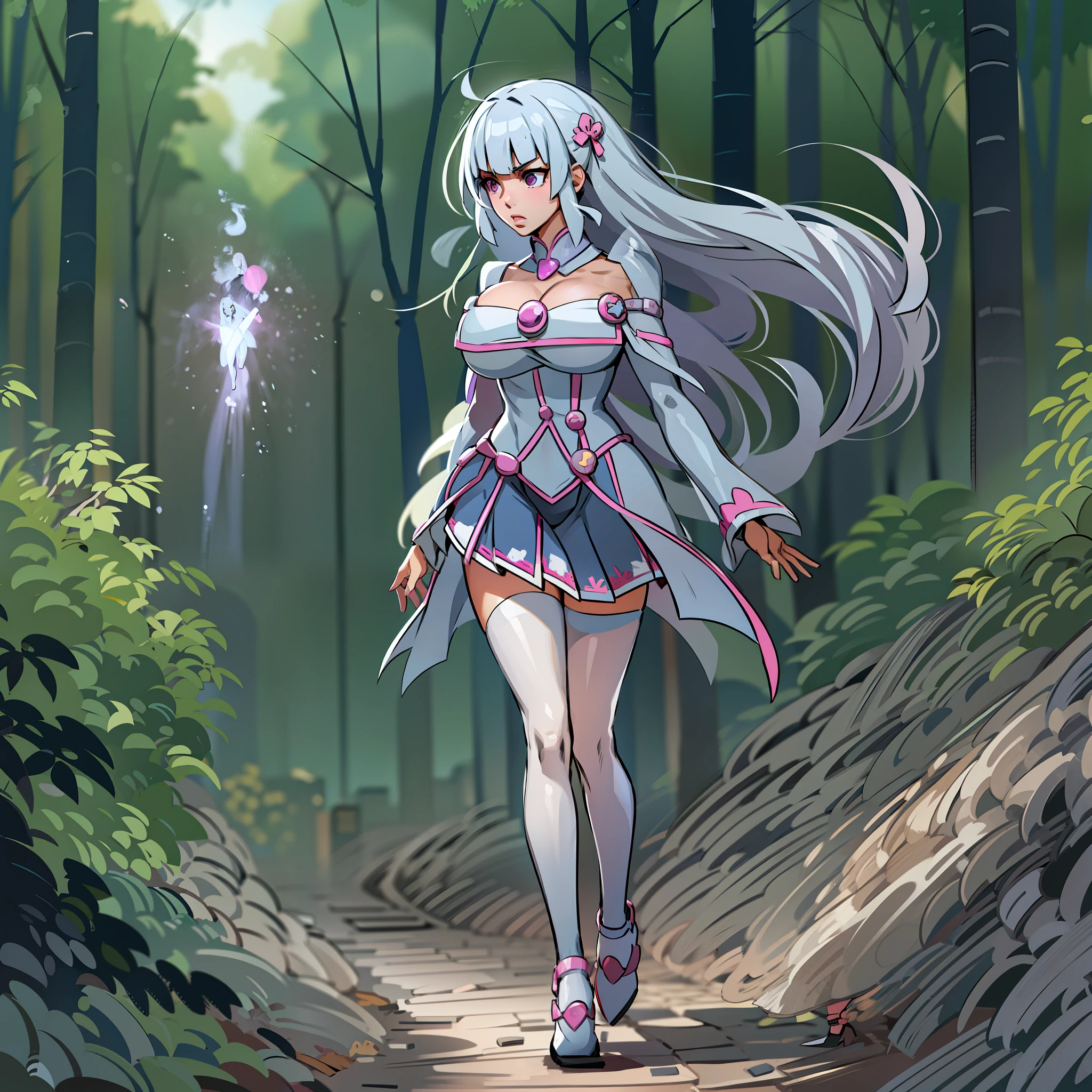 silver hair, big breast, magical girl, full body , walking, alone, 1character, forest
