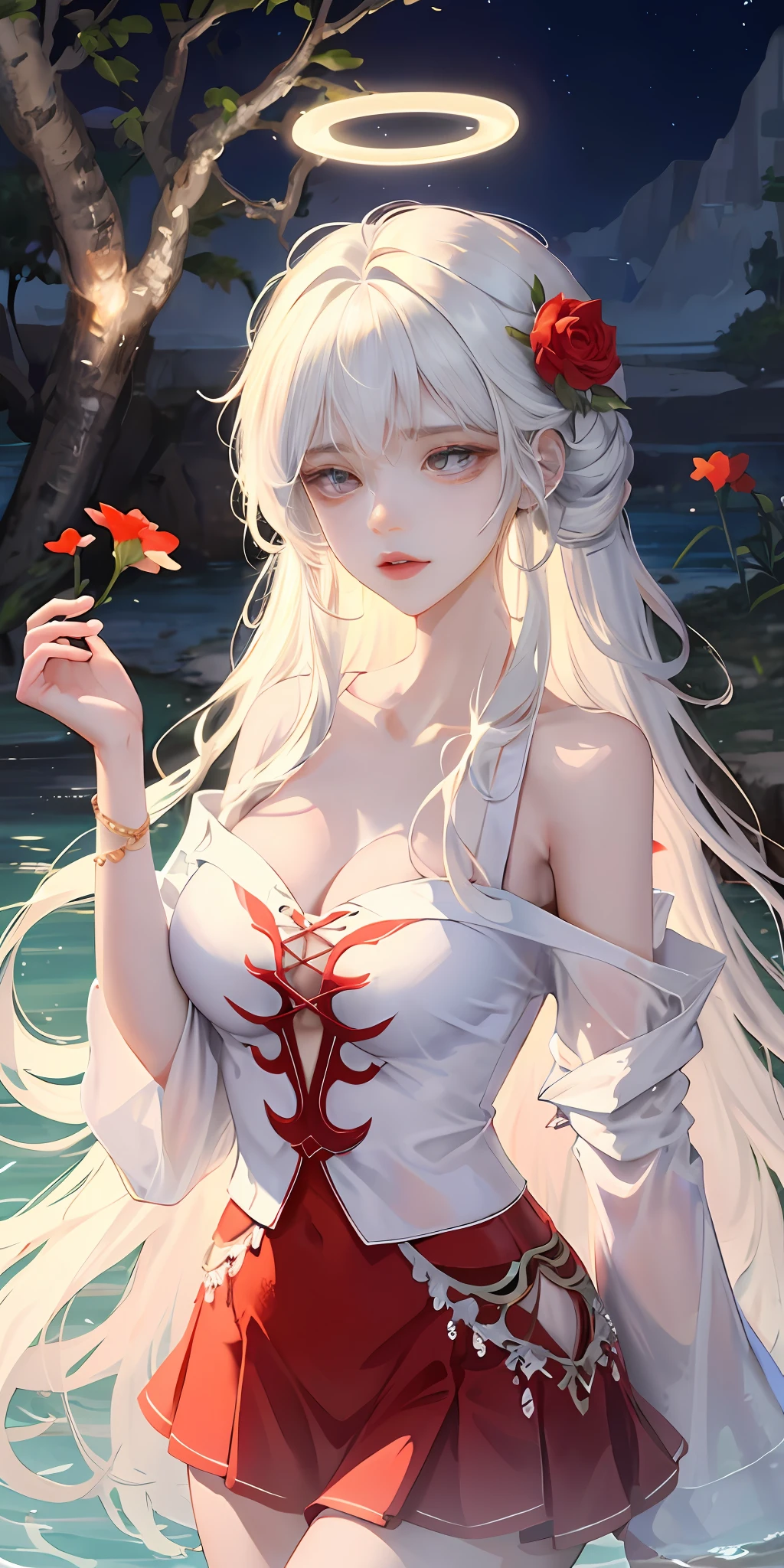 Close-up, looking at the camera, beautiful girl, garlic, flower, (beautiful girl), delicate facial features, detailed portrayal of the corners of the eyes, bust photo, moist lips, sad eyes, long white hair, smooth and delicate skin, ((red clothes)), red long skirt, bare thighs, brilliant and colorful, fantasy art, mysticism, dream scene, dream, dream light, seduction, psychedelic, misty halo, (((night))), ((night)), river bank, full of flowers on the other side, dreamy, flying red tiny petals, Red fluorescent petals, fluorescent flowers, fluorescent flowing water, standing in water, shallow water, master works, extreme detail, dissection correctly, correct limbs, accurate, hud, HD, exquisite details, 8K, red light