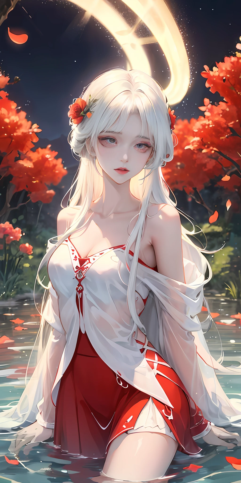 Close-up, looking at the camera, beautiful girl, garlic, flower, (beautiful girl), delicate facial features, detailed portrayal of the corners of the eyes, bust photo, moist lips, sad eyes, long white hair, smooth and delicate skin, ((red clothes)), red long skirt, bare thighs, brilliant and colorful, fantasy art, mysticism, dream scene, dream, dream light, seduction, psychedelic, misty halo, (((night))), ((night)), river bank, full of flowers on the other side, dreamy, flying red tiny petals, Red fluorescent petals, fluorescent flowers, fluorescent flowing water, standing in water, shallow water, master works, extreme detail, dissection correctly, correct limbs, accurate, hud, HD, exquisite details, 8K, red light