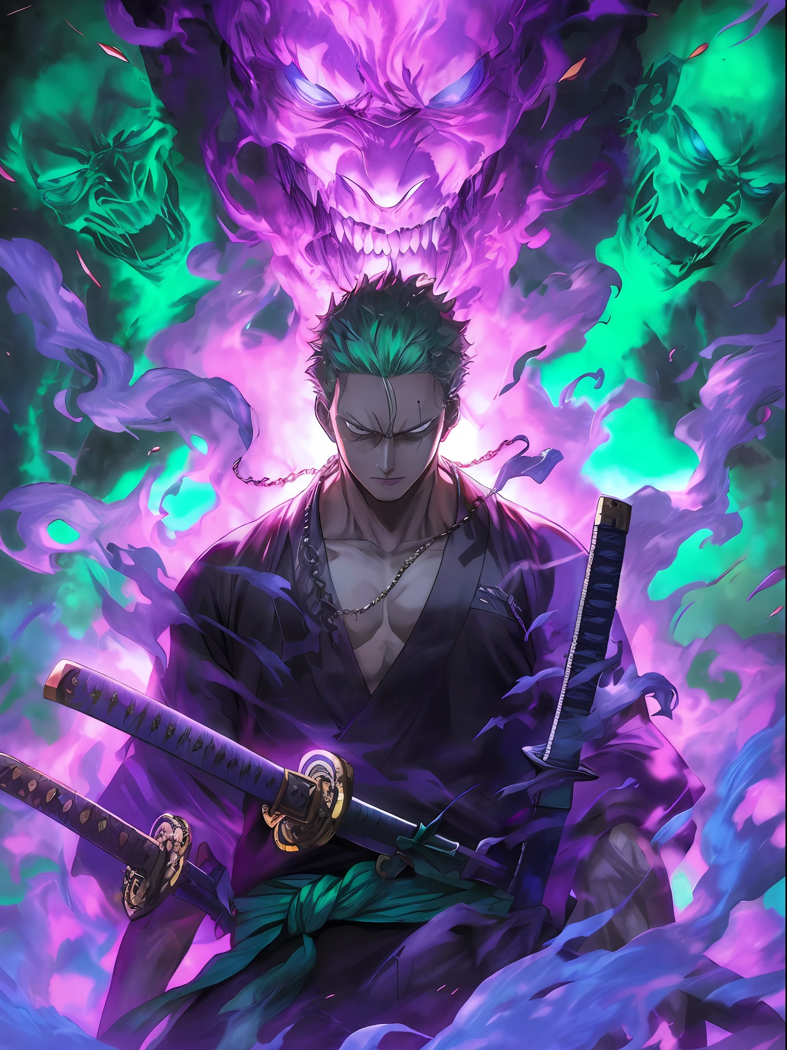 a close up of a person holding two swords in front of a demon, badass anime 8 k, roronoa zoro, handsome guy in demon slayer art, anime wallpaper 4 k, anime wallpaper 4k, 4 k manga wallpaper, anime art wallpaper 4 k, anime art wallpaper 4k, 4k anime wallpaper, anime epic artwork, anime style 4 k
