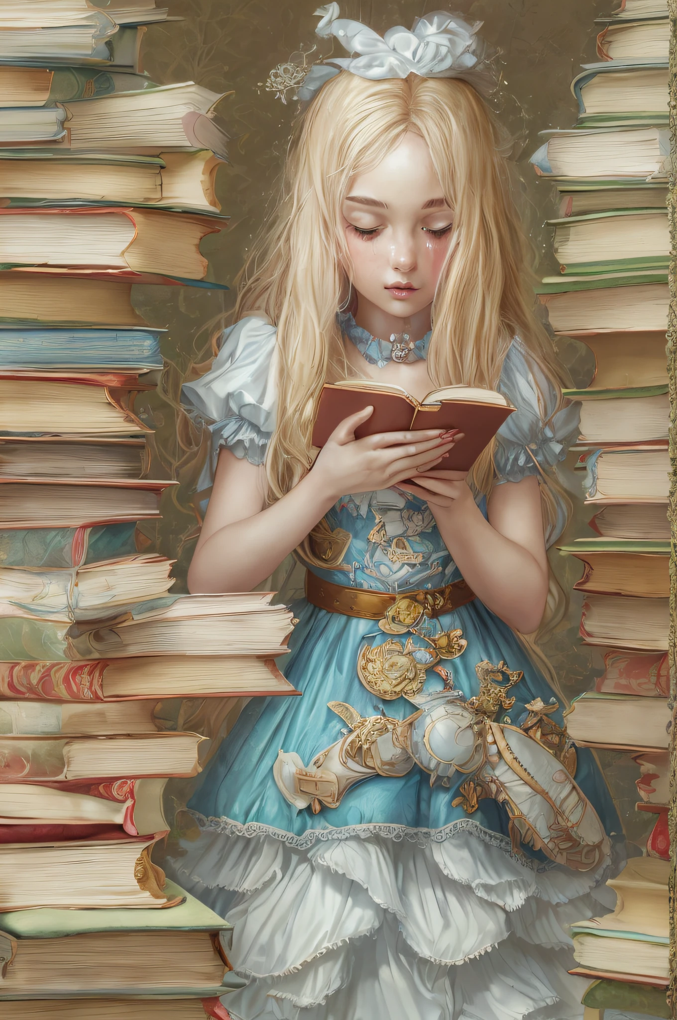 (Dreaming:1.2), (Fantasy:1.2), 1Girl, Only One Girl, Solo, (Full Body:1.9), (Reading a book: 1.7), (Realistic book shape: 1.7), natural book form, (Many books:1.5), (5fingers in total: 1.5), (2 arms:1.7), (2 legs:1.7), 5fingers, complete 5fingers, natural 5fingers, Natural nail shape, (natural nails: 1.2),(Alice in Wonderland:1.1)