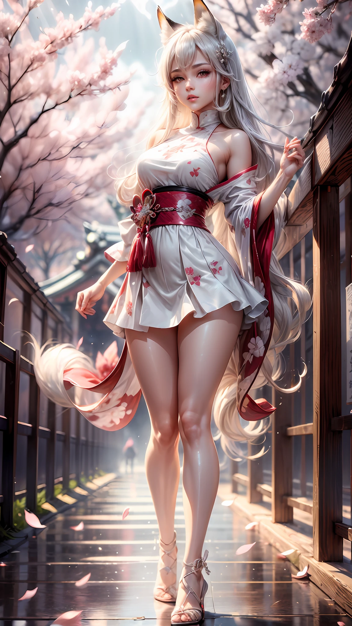 Best quality, hyper-high detail, very high res, hight contrast,brightcolors,Extremely detailed CG, 真实感,absurd res,fox ear,Huge colorful fox tail, 8K,Colorful, A 20-year-old nine-tailed fox girl,East Asian girl,Place your hands on your waist,Perfect body shape,Mannequin,(long leges:1.6),ssmile,Light turtleneck shirt,Detailed clothing patterns,tiese,(full body:1.3),Solo, in a panoramic view,high-heels,(Black eyes), (Gray hair to the shoulders), Extremely long white diamond hair floating, yellow ribbon, Beautiful eyes,(usa ropa blanca:1.3),Wet clothes, white skirt, white dresses,detailed and beatiful face and eyes, ((Shiny skin)), Shiny hair, (detailed and beautiful shiny clothes, Temple,holy rays,japan temple,the cherry trees,Cherry blossoms flying,Rained,(dynamicposes:1.3),low perspective,