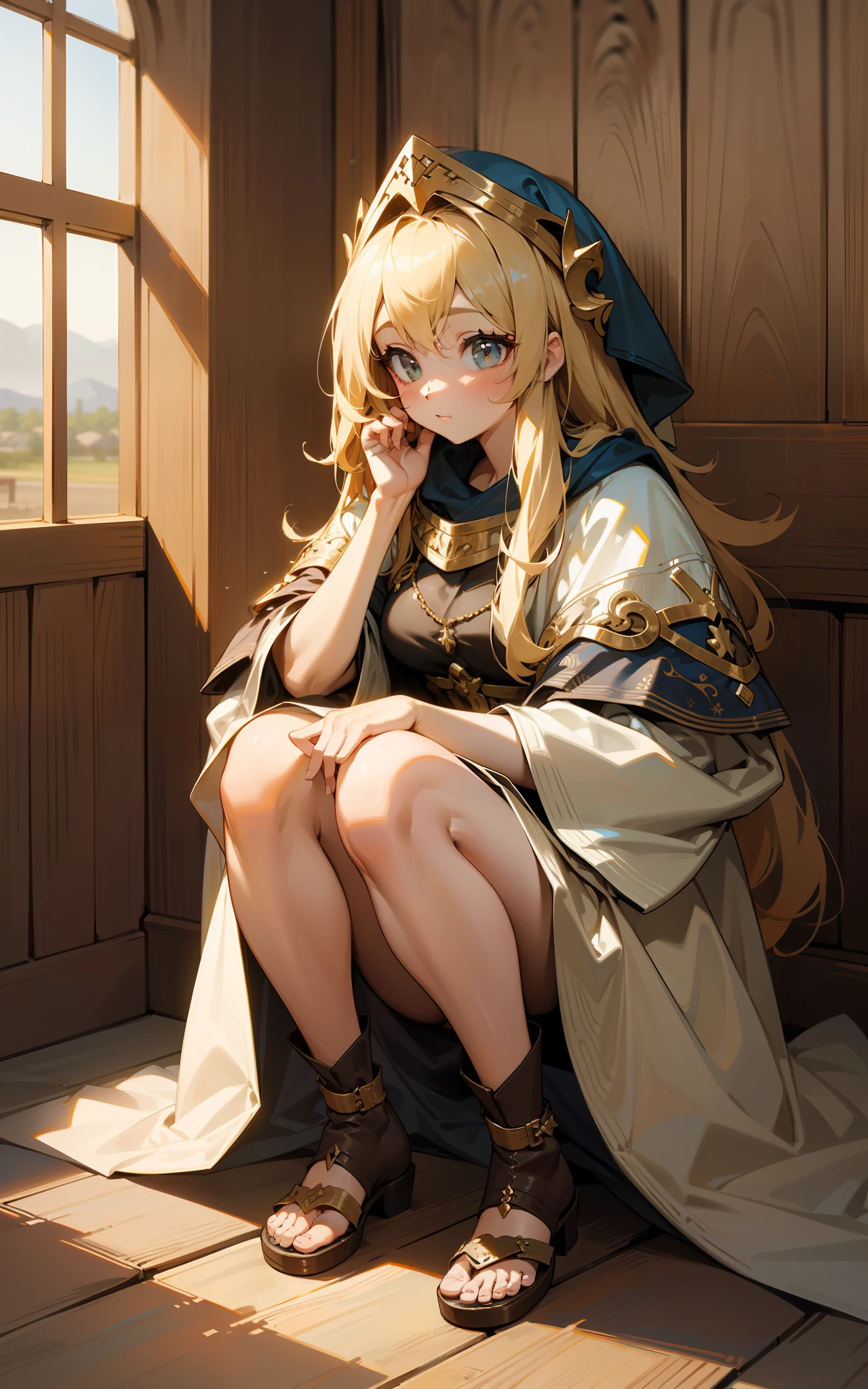 top-quality、hight resolution、detaileds, Desert People、de pele branca、Fantasy worldview、Blonde long hair、Sauce order、Majestic wooden church、wearing a wedding dress、