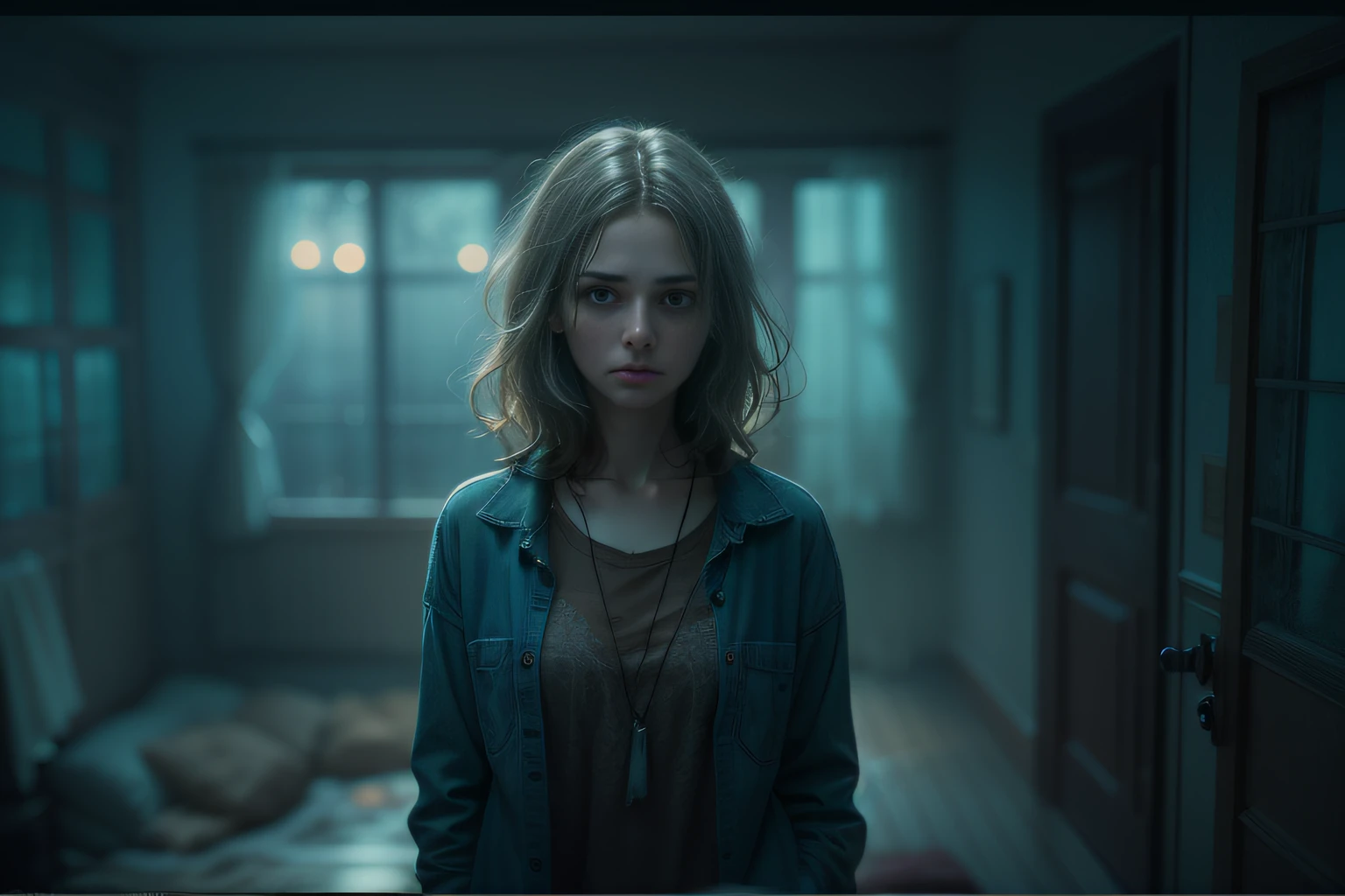 Create a visibly depressed and emotionally emotional mother figure. Convey her feelings with realism. Depicting her in a dimly lit home environment, And use cool colors and bleak atmosphere to enhance the emotional impact of the scene. Mom's clothes should be daily,Unkempt appearance,Further emphasize the realism of the scene. Digital art software can be used to create this image, Bokeh, Photo, 8K, Dark, Dynamic action, pale washed out style, Shoot on the blue type, Cracked lenses, Dreamy nostalgia, Soft focus, dark halo, light leaks, Medium photography, Gloomy art painting ethereal, Whimsical, Coarse grain photos, Eye contact, author:Paul Zizka