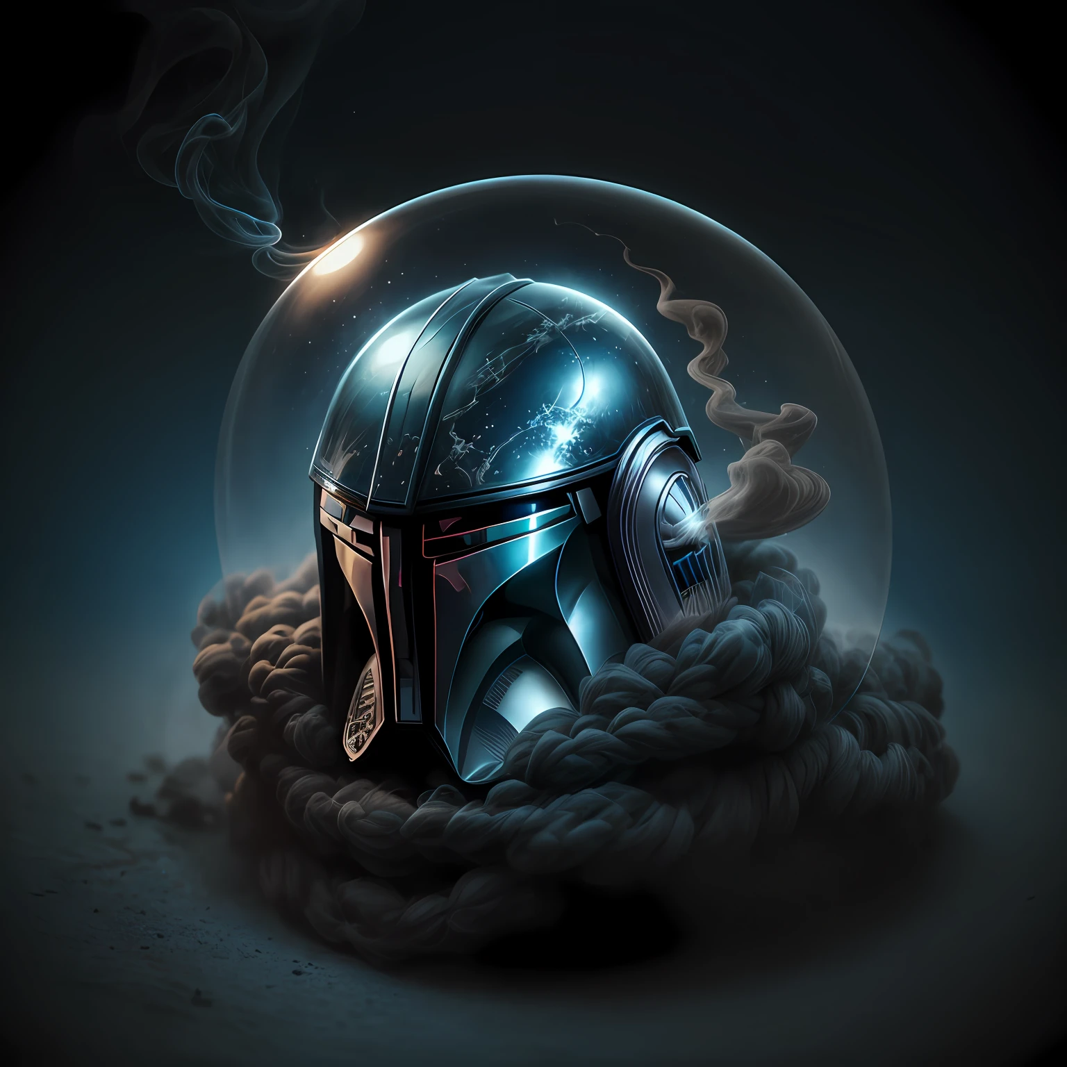 close up, Mandalorian from Star Wars, Ghost, Dark, gotik, 3d, Ultra Detailed, blue transparent smoke around, realistic style, Old Night Pond, full - body,