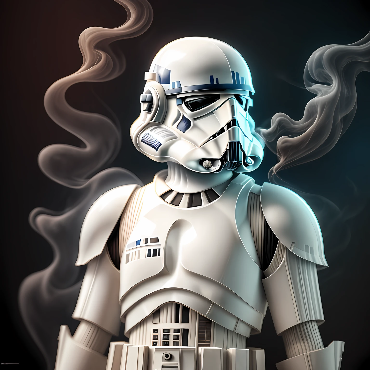 close up, Stormtrooper from Star Wars, Ghost, Dark, gotik, 3d, Ultra Detailed, blue transparent smoke around, realistic style, Old Night Pond, full - body,
