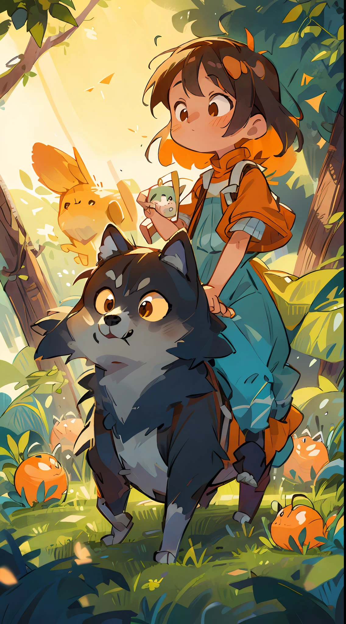 In the botanical garden，A cute girl rides on the back of an orange Shiba Inu，cavalier，the night，Starry，There are a few fireflies next to it