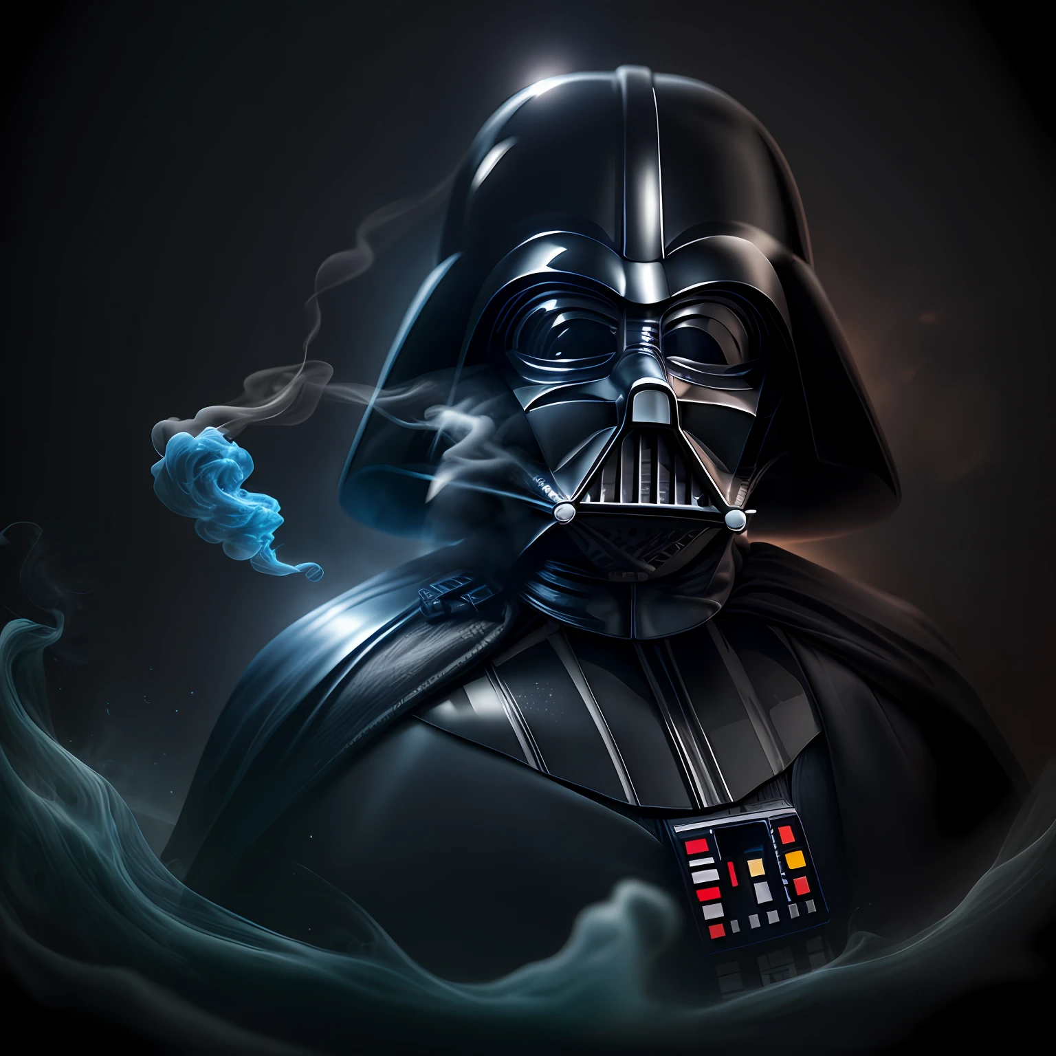 close up, Darth Vader from Star Wars, Ghost, Dark, gotik, 3d, Ultra Detailed, blue transparent smoke around, realistic style, Old Night Pond, full - body,