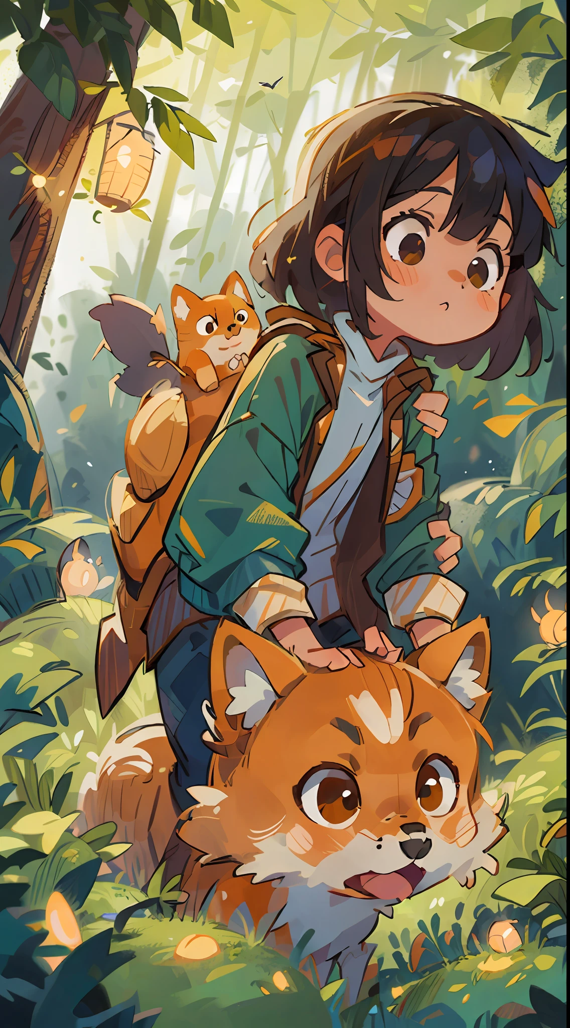 In the botanical garden,A cute girl rides on the back of an orange Shiba Inu,cavalier,the night,Starry,There are a few fireflies next to it