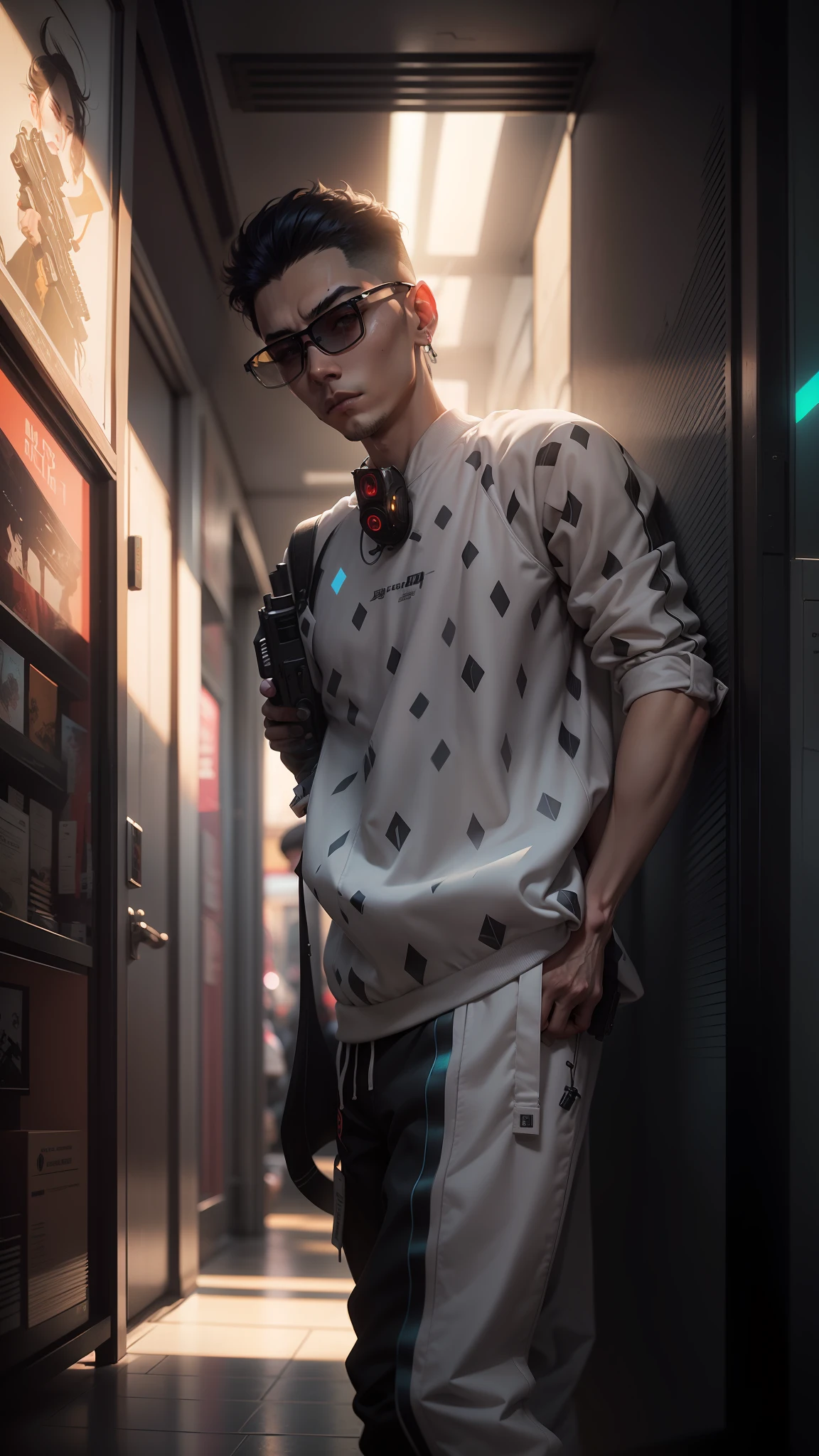 there is a man standing in a hallway with a gun, artwork in the style of guweiz, ross tran 8 k, ross tran style, inspired by Raymond Han, inspired by Gang Hui-an, ross tran and bayard wu, cyberpunk street goon, cyberpunk streetwear, g liulian art style, hyper-realistic cyberpunk style, inspired by Feng Zhu