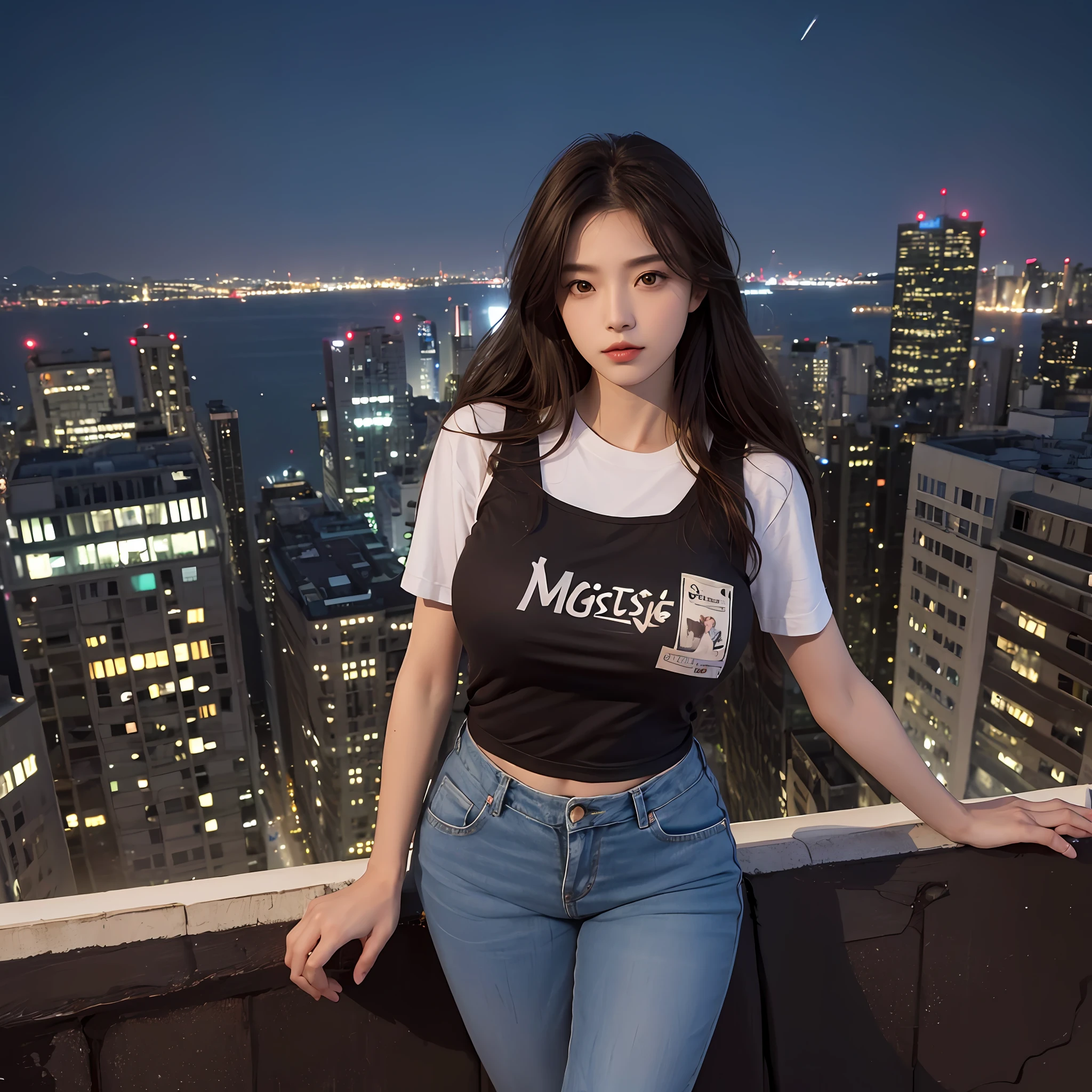 ((Midnight, Best quality, 8k, Masterpiece :1.3)), Whole body, Long legs, Sharp focus :1.2, A pretty woman with perfect figure :1.4, Slender abs :1.1, ((Dark brown hair, Big breasts :1.2)), (White tight tshirt, Jean bib, Standing:1.2), ((Night city view, Rooftop:1.3)), Highly detailed face and skin texture, Detailed eyes, Double eyelid