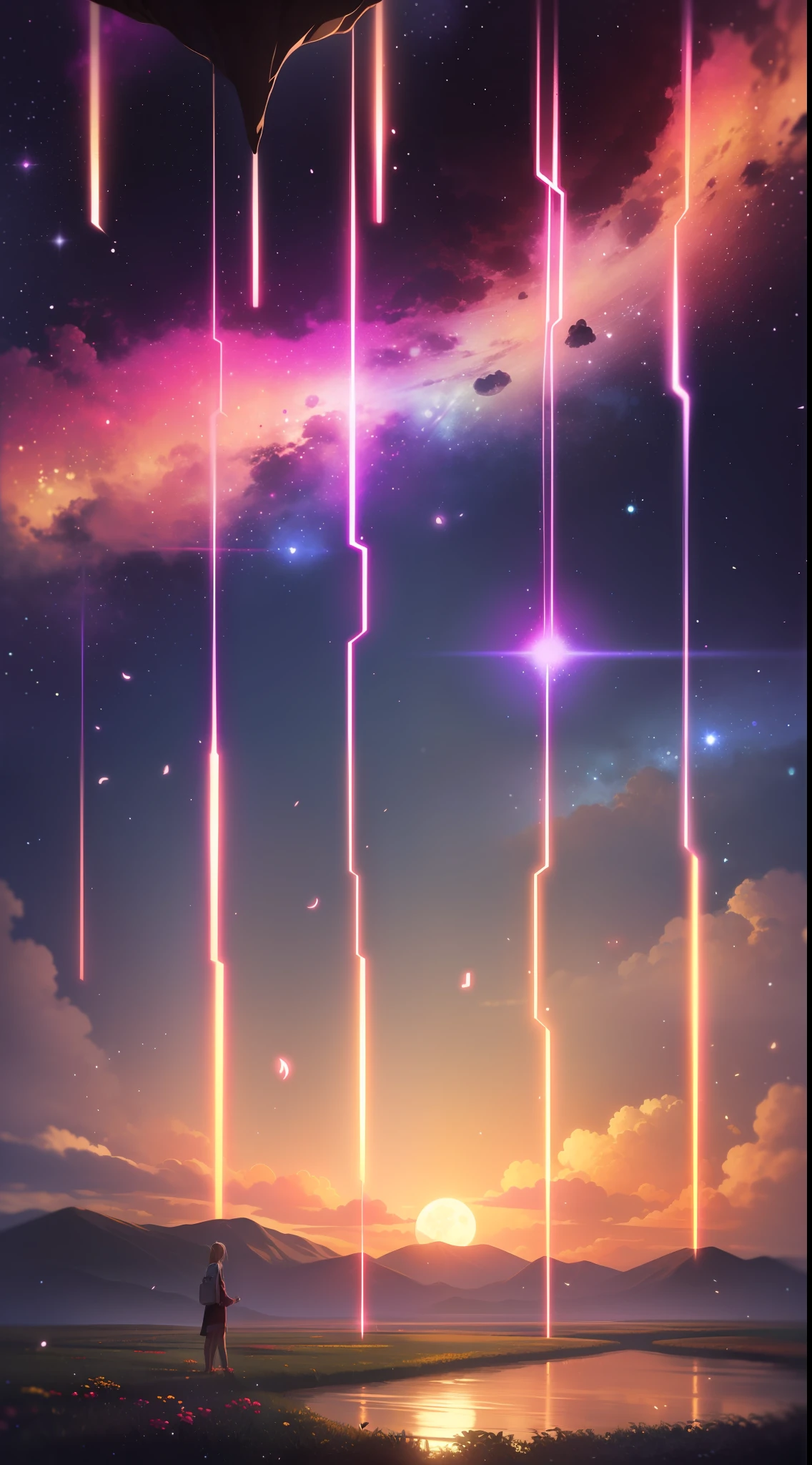Vast landscape photos、(The sky is up as seen from below、The field is down)、Girl standing in a flower garden and looking up、(fullmoon:1.2)、(meteors:0.9)、(nebulas:1.3)、mountain in the distance々、The tree々 BREAK Craft Art、(Warm light:1.2)、(fireflys:1.2)、A light、lightning bolt、deers、Lots of Purples and Oranges、intricate detailes、voluminous lighting、Realism Break(master piece: 1.2), (Top image quality), 8K, The ultra-detailliert, (dynamic compositions: 1.4), ighly detailed, Colorful Detail, (Rainbow Color: 1.2), (Glow lighting, Atmosphere Lighting), dream-like, Magical, (独奏: 1.2)