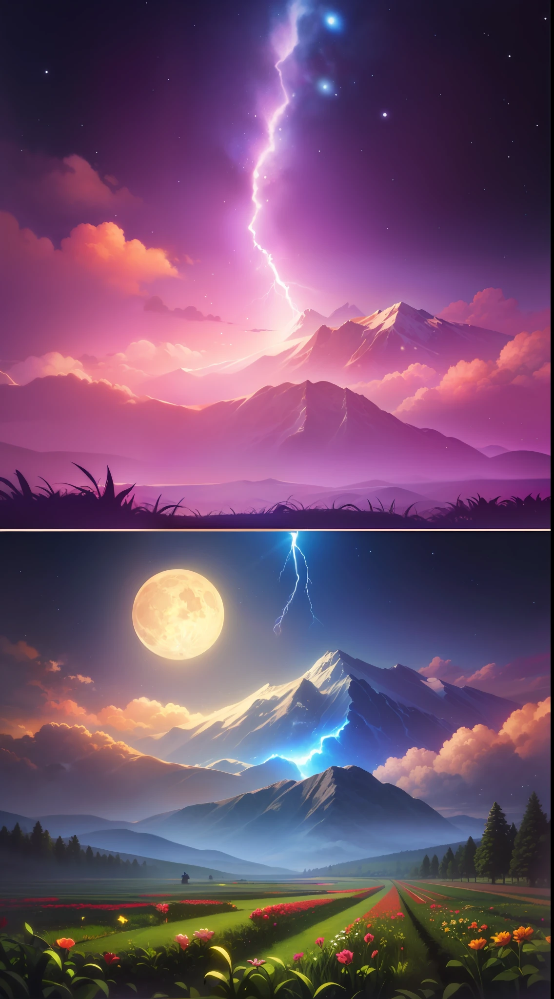 Vast landscape photos、(The sky is up as seen from below、The field is down)、Girl standing in a flower garden and looking up、(fullmoon:1.2)、(meteors:0.9)、(nebulas:1.3)、mountain in the distance々、The tree々 BREAK Craft Art、(Warm light:1.2)、(fireflys:1.2)、A light、lightning bolt、deers、Lots of Purples and Oranges、intricate detailes、voluminous lighting、Realism Break(master piece: 1.2), (Top image quality), 8K, The ultra-detailliert, (dynamic compositions: 1.4), ighly detailed, Colorful Detail, (Rainbow Color: 1.2), (Glow lighting, Atmosphere Lighting), dream-like, Magical, (独奏: 1.2)