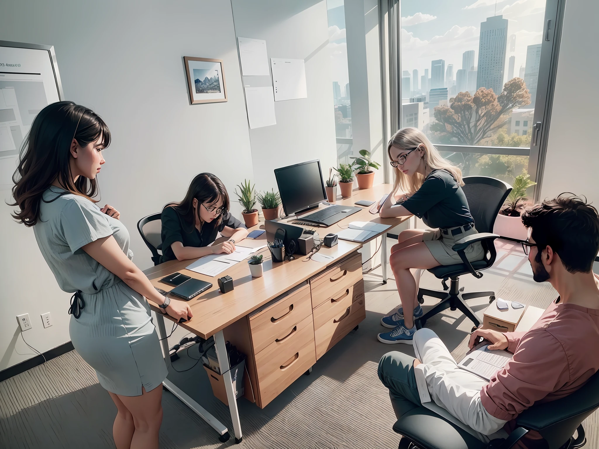 Several people sat at their desks,Hold computers and laptops, At the office, working in an office. filling of the view, 3 6 0 capture, In the office, postproduction, sitting in office, busy room, digital artist, Shot on Canon EOS R 6, for hire 3d artist, leaked image, shot on iphone