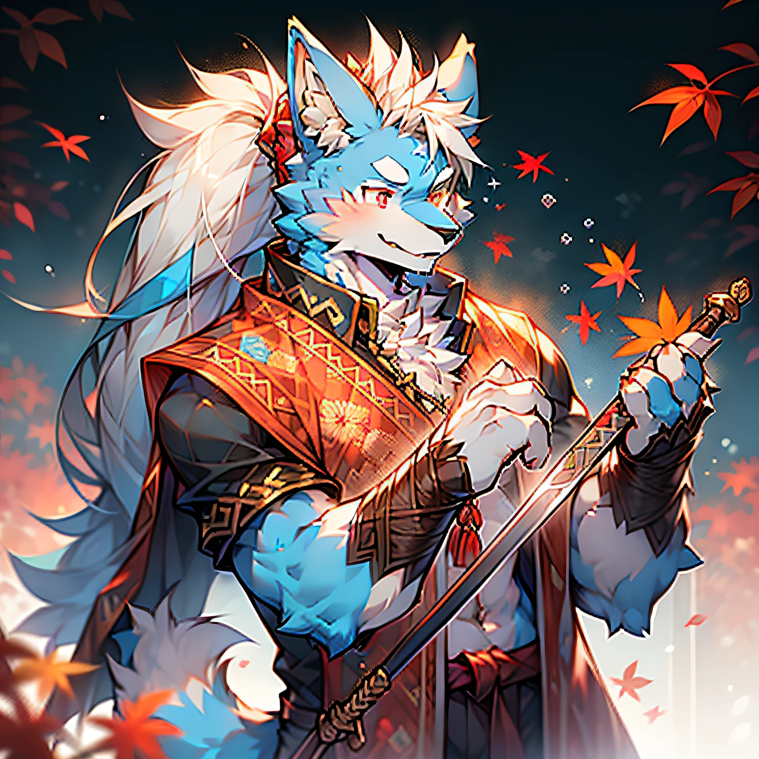solo person,Twine binding,werecreature,Male white wolf,Blue fur,Blue tail,White ears,Blood-red eyes,Hanfu,musculature,male people,Handsome,(The furry feeling of animal ears),Maple leaves fall,autumnal,High ponytail,Ancient wind,Bangs in the middle,Holding a long sword in his right hand,Holding a maple leaf in his left hand