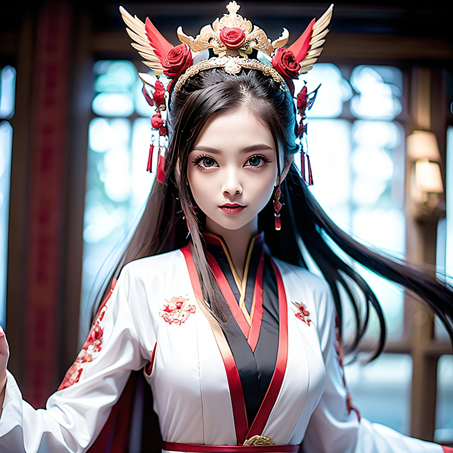 ulzang-6500-v1.1,(RAW photo:1.2), (Photorealistic:1.4),Beautiful Meticulous Girl, Asia face，very detailed eyes and faces, Beautiful detailed eyes, hugefilesize, ultra - detailed, A high resolution, The is very detailed，best qualtiy，tmasterpiece，illustratio，The is very detailed，CG，unified，8k 壁纸，Amazing Cleavage，finely detailled，tmasterpiece，conservativelydressed，best qualtiy，The is very detailed的 CG unified 8k 壁纸，light in face，cinmatic lighting, 25 age old，ChineseGirl，Chinese Hanfu，Ming dynasty，Big red wedding dress，On the head is a phoenix-shaped crown，((Girls in such clothes)),(((Girl in dynamic pose)))，(Stand facing forward)，(full bodyesbian) --auto