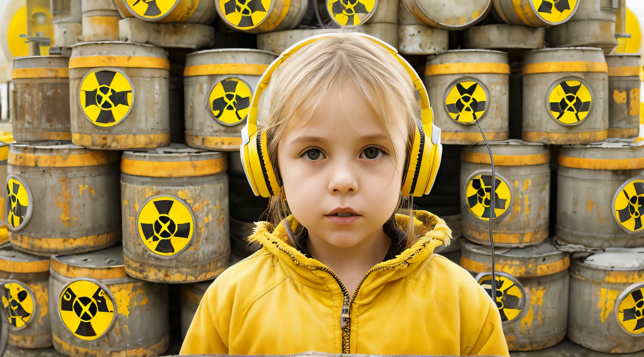 GIRL CHILD 8 YEARS OLD BLONDE HAIR, LONG, CLOSE UP, RUSSIAN STYLE HEADPHONES, BLACK FUR COAT, a closeup of a large pile of yellow barrels with radioactive symbols, nuclear waste, radioactive wastelands, toxic waste, radioactive particles, nuclear wastelands, radioactive, uranium, nuclear, nuclear fallout, post-nuclear, nuclear fashion, post-nuclear fallout,  nuclear energy, future of nuclear energy, nuclear, nuclear art, nuclear reactor, nuclear energy, radiation, toxicity, contaminated