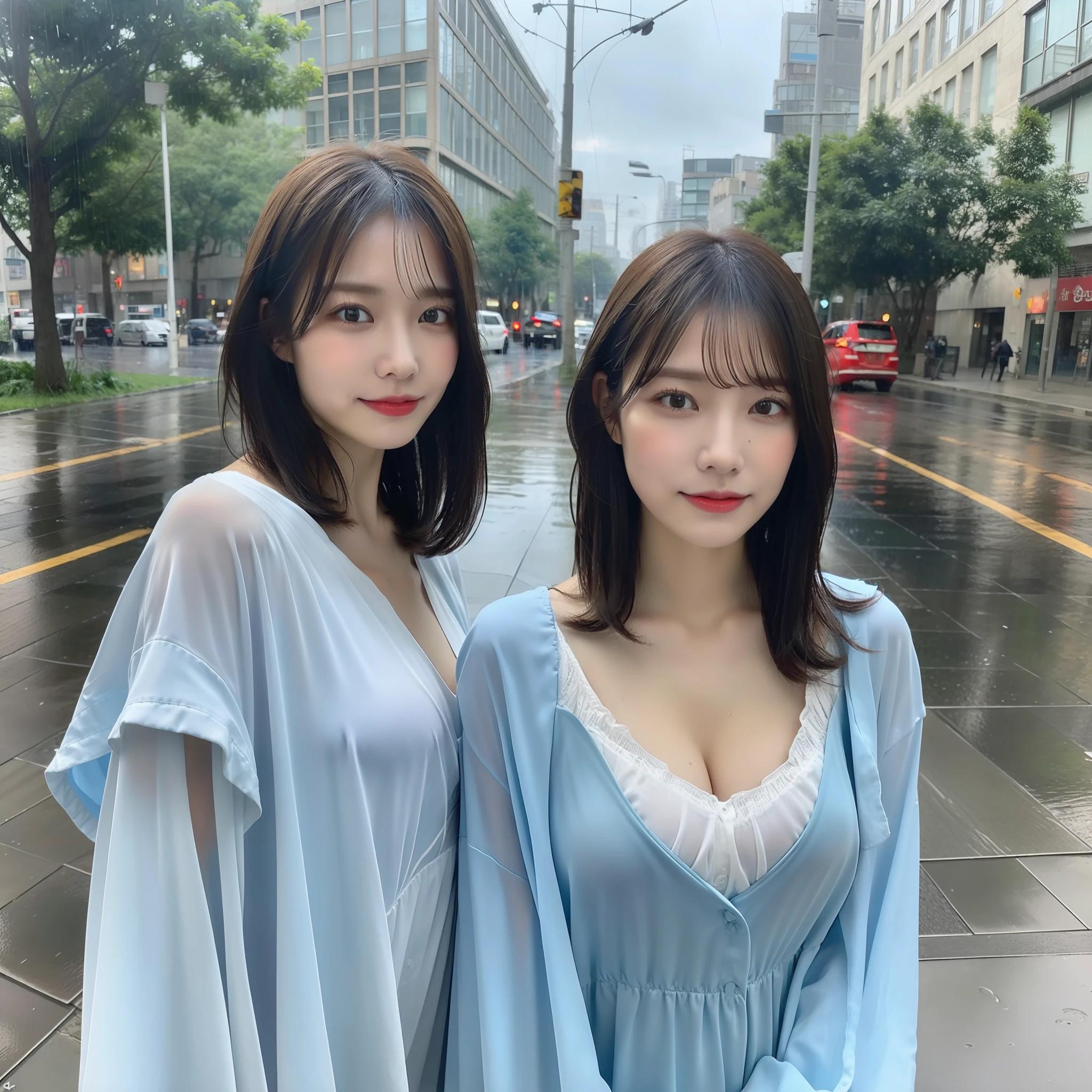 ((Best Quality, 8k, Masterpiece:1.3)), Focus:1.2, Perfect Body Beauty:1.4, Buttocks:1.2, (Layered Haircut, Breasts:1.2)), (Wet Clothes:1.1) , (Rain, Street:1.3), Bandeau Dress: 1.1, Highly Detailed Face and Skin Texture, Detailed Eyes, Double Eyelids, Whitened Skin, Long Blue Hair, Umbrella in the Rain