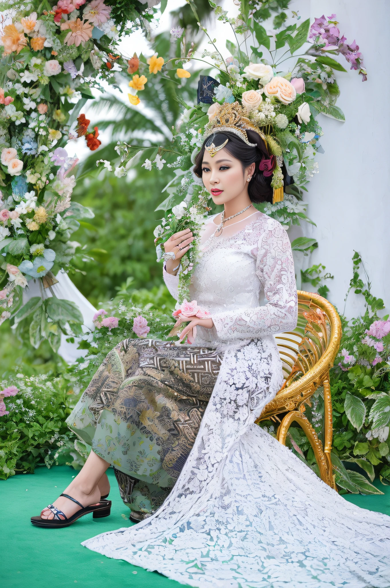 there is a woman sitting on a chair with a flower arrangement, traditional beauty, royal elegant pose, batik, traditional dress, ao dai, wedding, by Basuki Abdullah, full pose, portrait shot, beautiful lady, inspired by Basuki Abdullah, wearing an ornate outfit, idian dress, 🤬 🤮 💕 🎀, traditional clothing, gorgeous lady