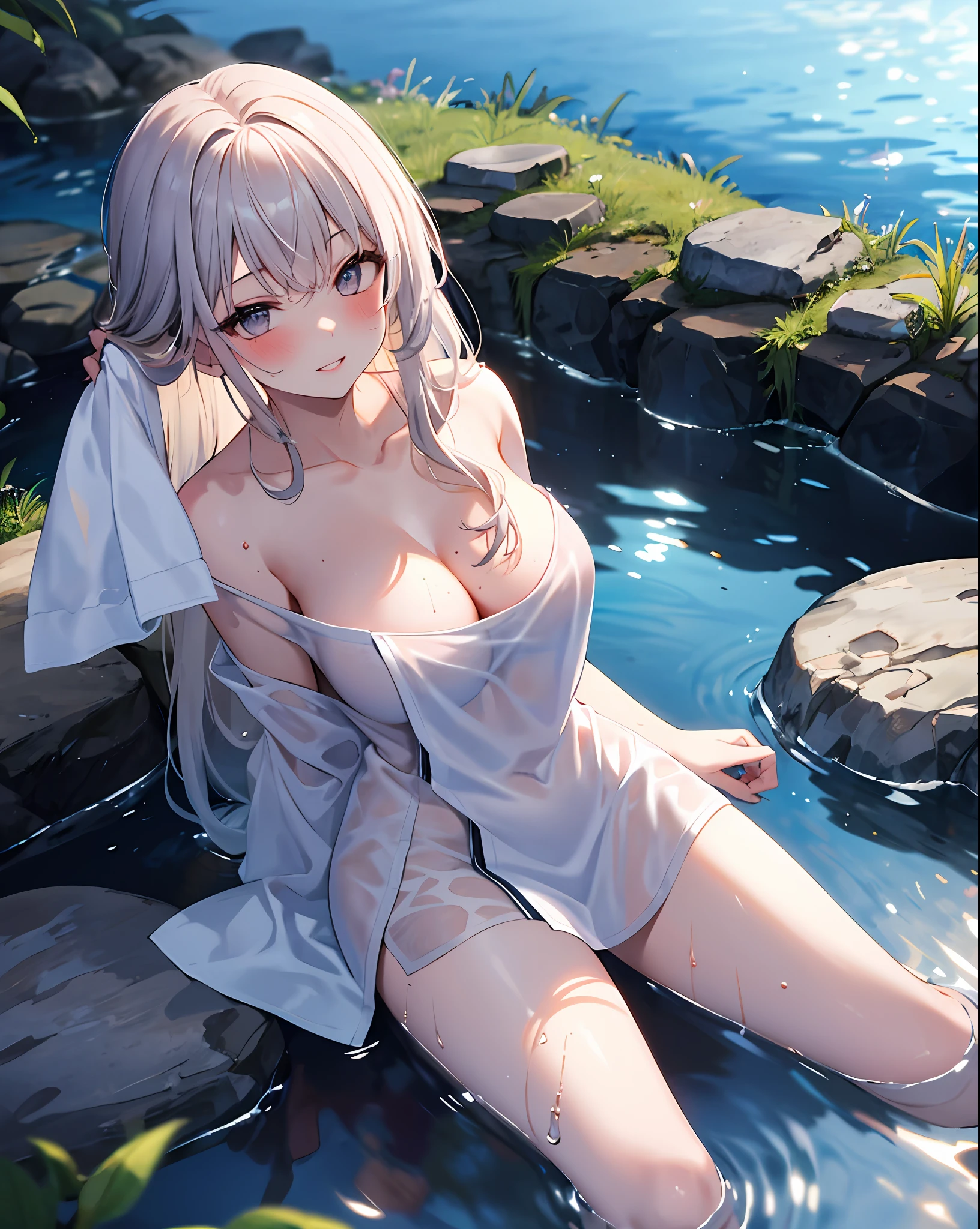 voroshilov, naked towel, 1girl, breasts, towel, large breasts, looking at viewer, solo, onsen, cleavage, wet, sitting, water, blush, parted lips, smile, collarbone, thighs, sunlight, bathing, outdoors, rock, partially submerged,
