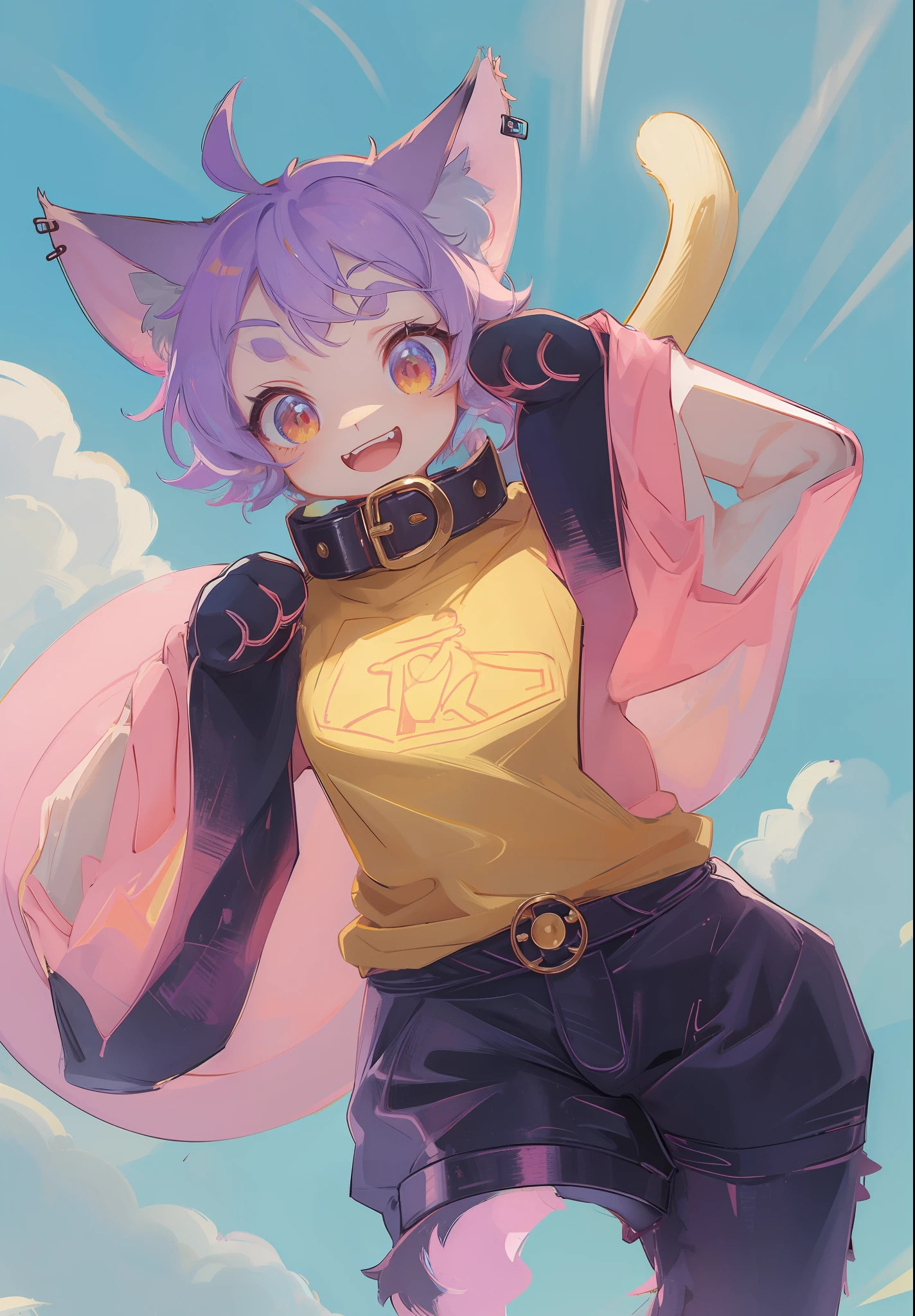 Anime characters wearing cat heads and belts, anime catgirl, cute anime catgirl, fursona wearing stylish clothes, neferpitou, Cat woman, Sora as a cat, anthro cat, anime cat, an anthro cat, high quality colorful sketch, anime style character, low res, full body portrait of a short!, wearing collar，Pink hair，Gold eyes。
