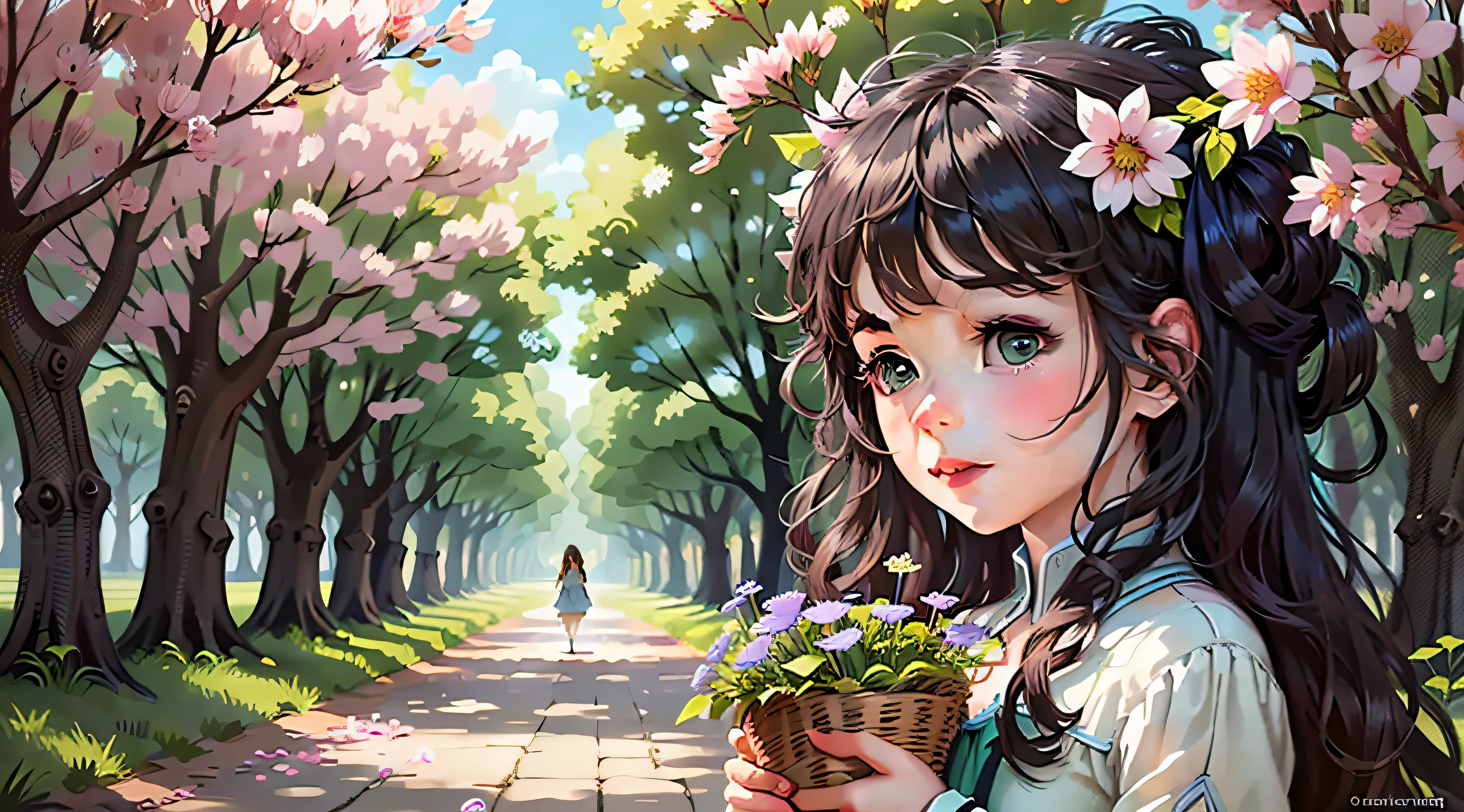 Tip: A very charming  girl with a basket of flowers, enjoying a lovely spring surrounded by beautiful green flowers and nature. The illustration is a high-definition illustration in 4K resolution with highly detailed facial features and cartoon-style visuals.