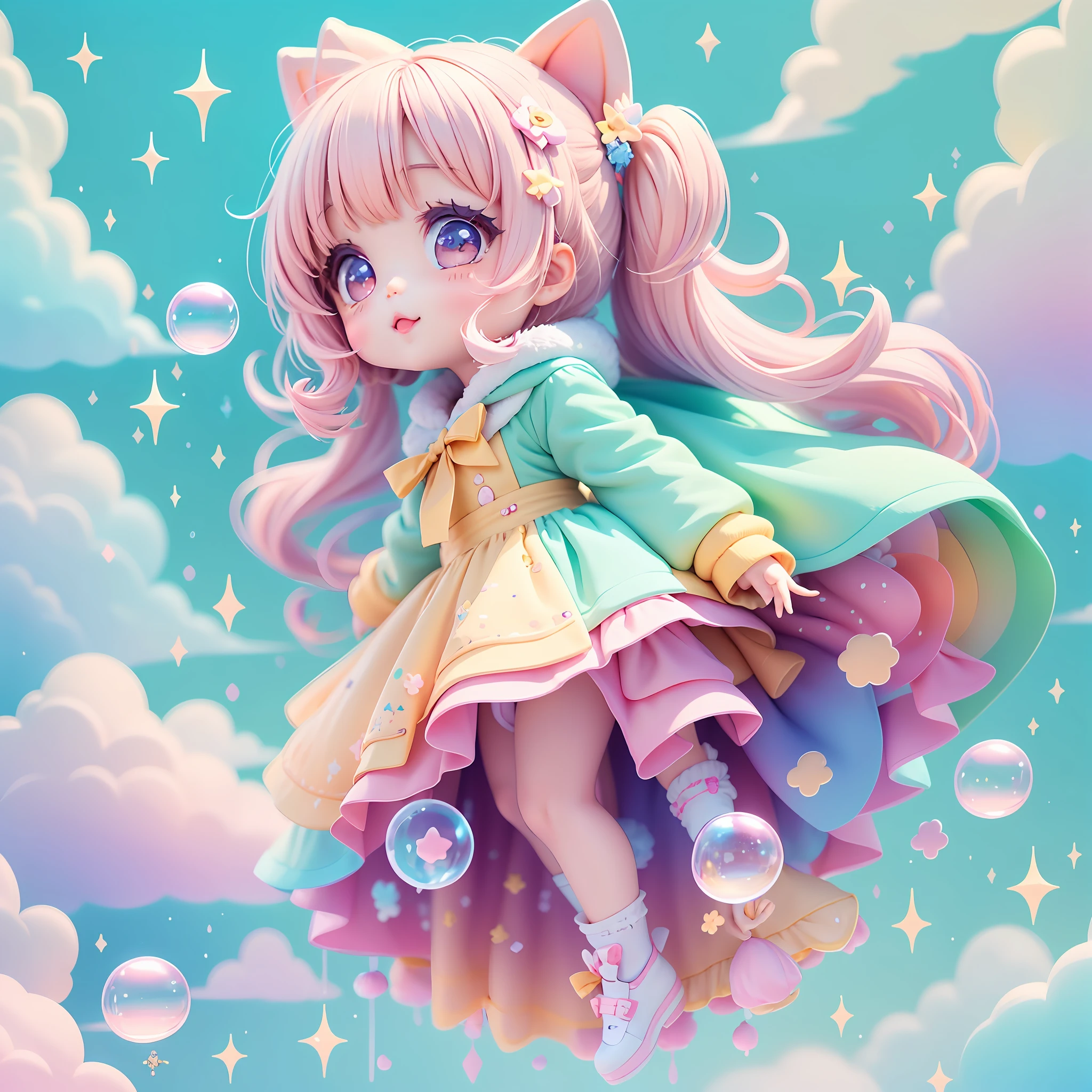 chibi looking up, leaning, bubbles around, kawaiitech, kawaii, cute, pastel colors, best quality, happy, long sleeves