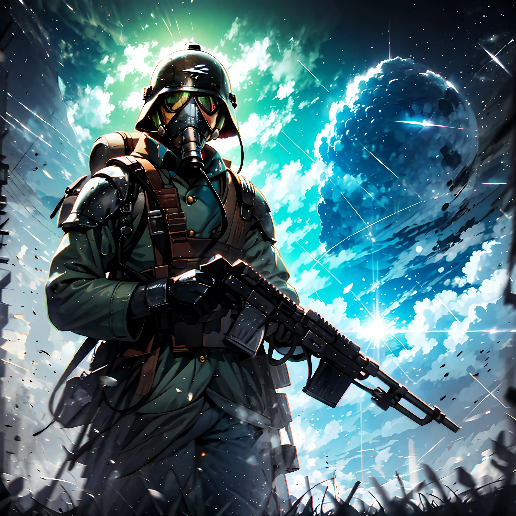 1man,gas mask, battlefield,