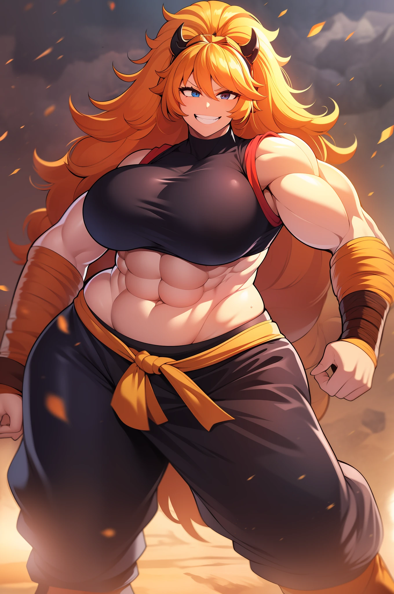 Processus, cheveux orange, grosse poitrine, cheveux longs, cheveux vivants, , seul,, Muscular girl, Grande femelle, sourire, full body, pants, vest, berserker, warrior, revealing cloths, amazone, tribal clothing