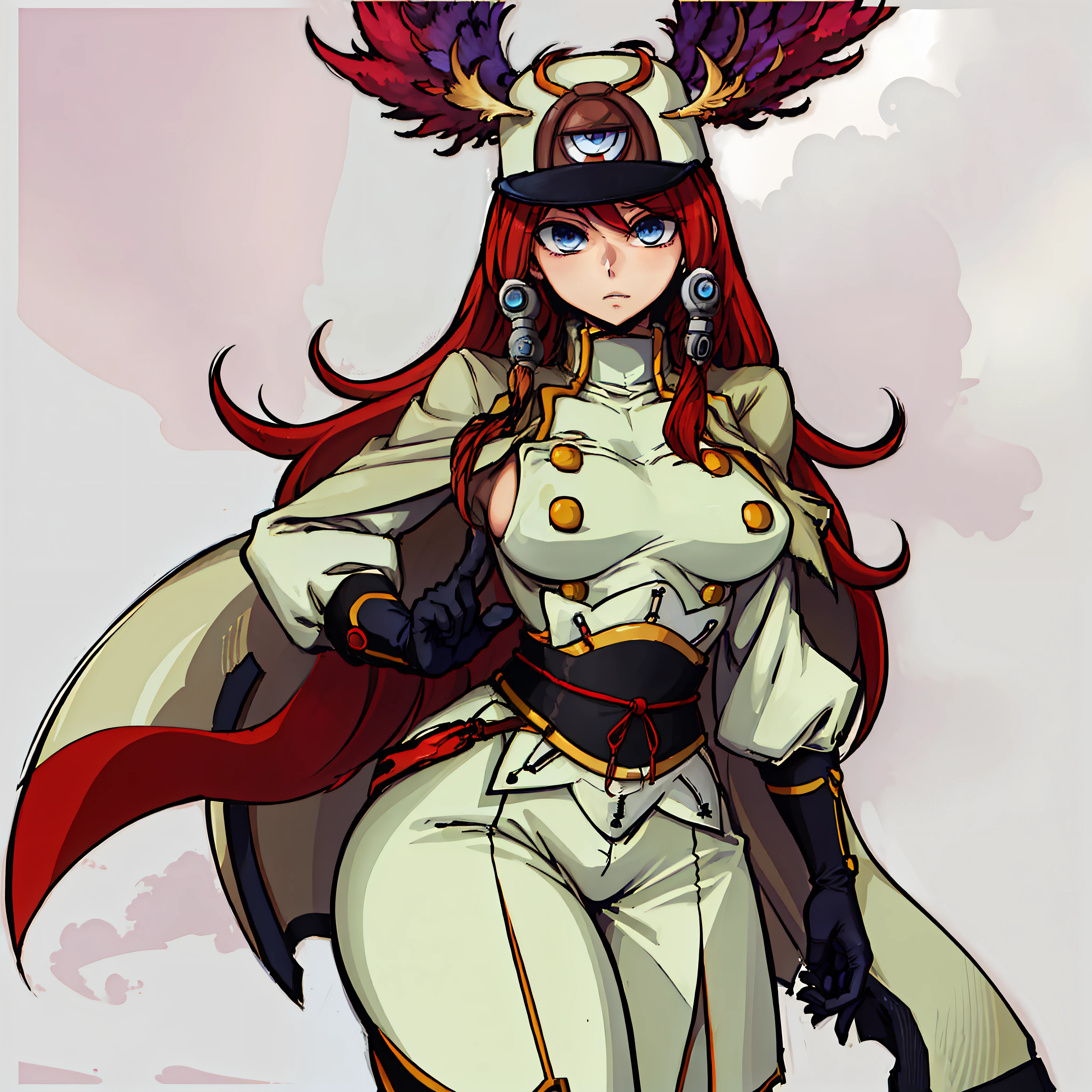 (((masterpiece, best quality, high resolution))),thick outline, 1girl, tsubakims, hair tubes, hat, gloves, uniform, cape, military uniform, head wings, blazblue, Tsubaki yayoi, sexy pose, large breasts