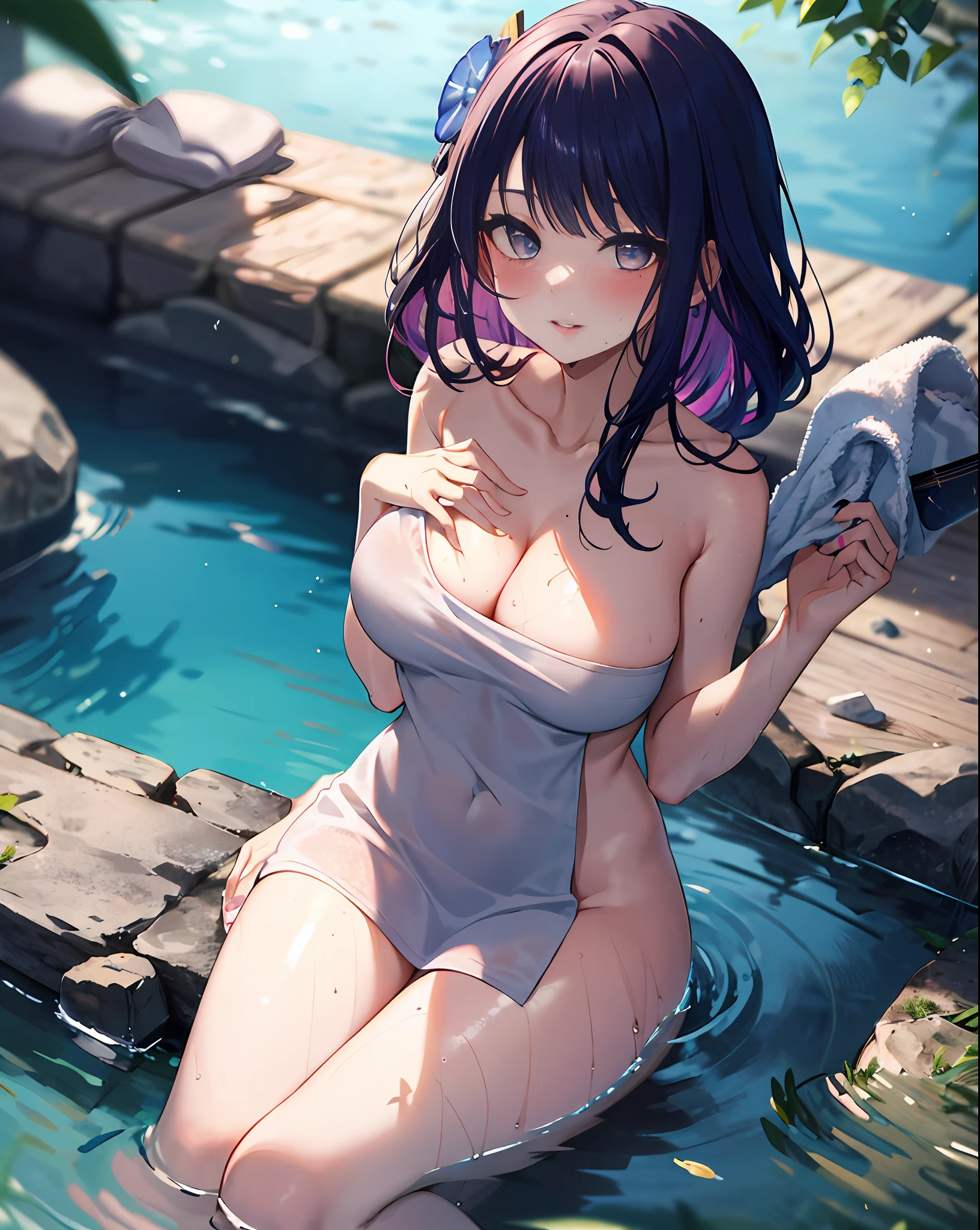 voroshilov, naked towel, 1girl, breasts,  towel, large breasts, looking at viewer, solo, onsen, cleavage, wet, sitting, water, blush, parted lips, smile, collarbone, thighs, sunlight, bathing, outdoors, rock, partially submerged,