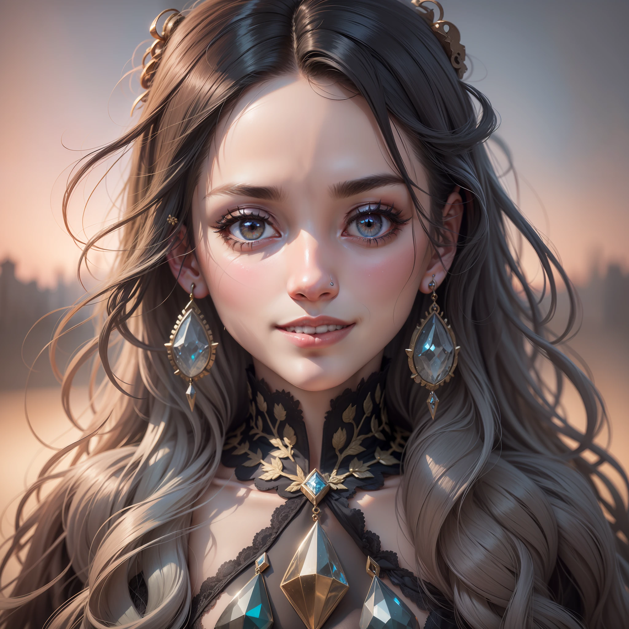black hair, grey hair, long hair, messy hair, jewelry, hollow eyes, crystal earrings, smile, blush, bright pupils, Surrealism, Surrealism, high detail, En plein air, Verism, cinematic lighting, drop shadow, pov, Eye-Level Shot, 8k, super detail, UHD, retina, masterpiece, ccurate, anatomically correct, textured skin, super detail, high details, high quality, award winning, best quality, highres, 8k